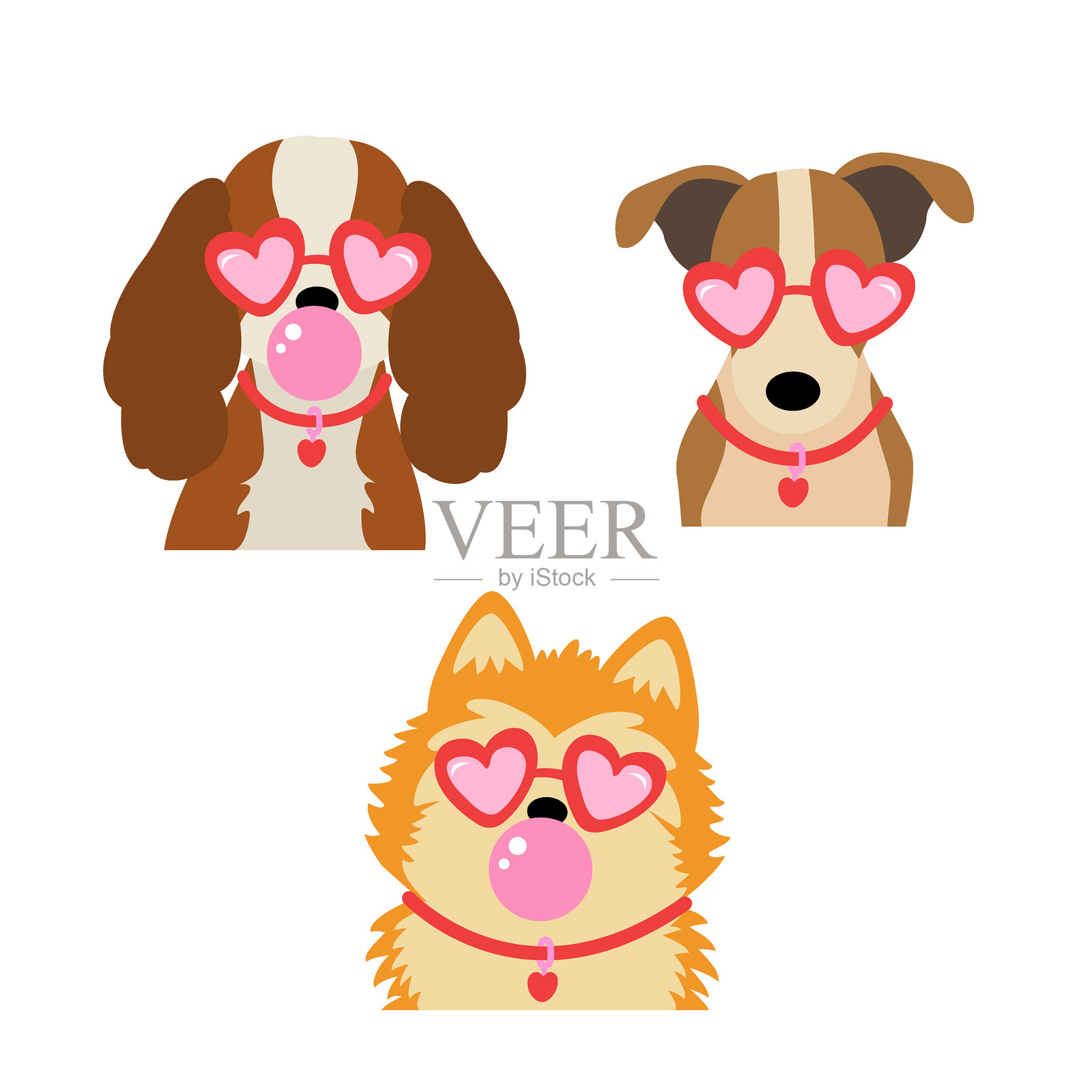 set of isolated fun dogs wearing heart glasses blowing bubblegum插画图片素材