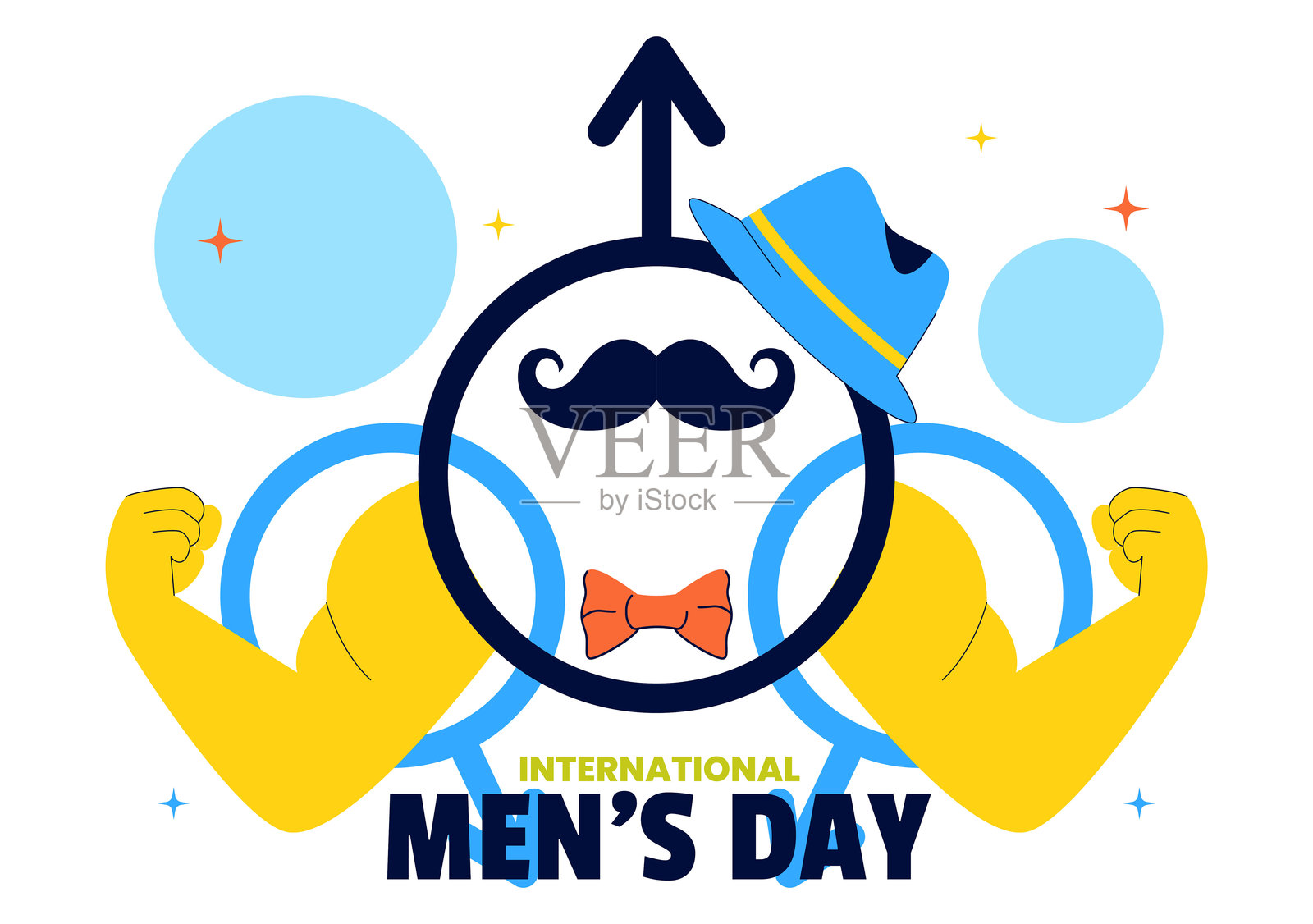 国际男性节矢量插图，日期为11月19日，展示了领带、胡须和男性符号等男性配饰，背景为平面设计。插画图片素材