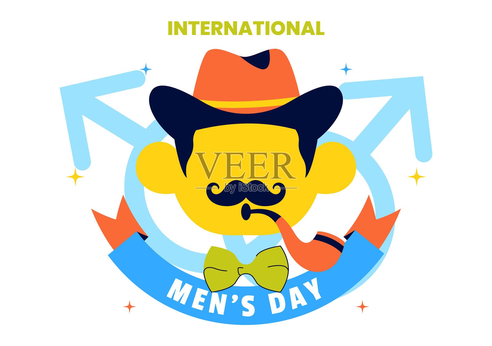国际男性节矢量插图，日期为11月19日，展示了领带、胡须和男性符号等男性配饰，背景为平面设计。插画图片素材