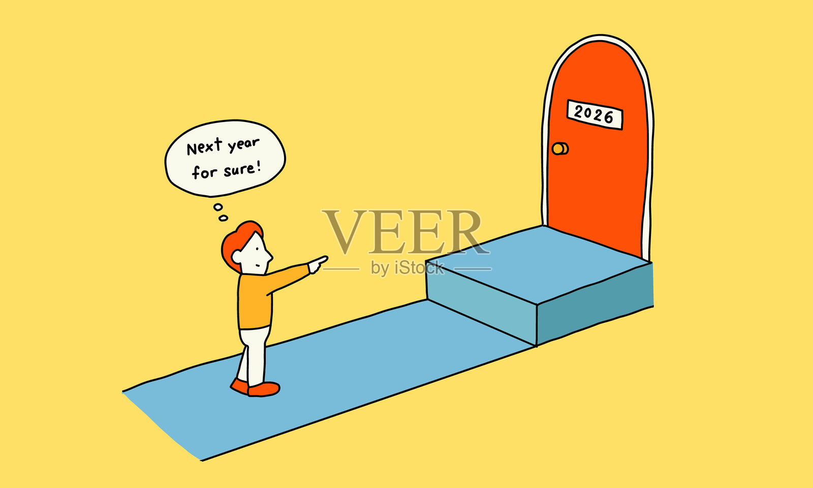 一个人站在门前思考他对2026年的期望，心里想着“明年一定可以！”插画图片素材