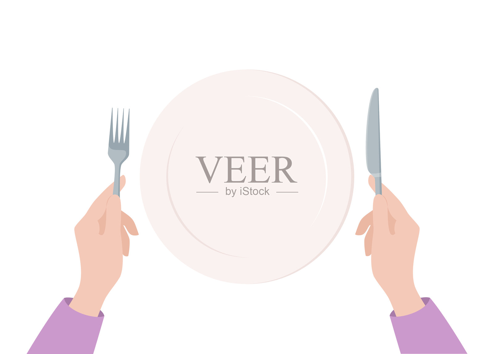 两只手握着餐刀和叉子，中央有一个大空盘子，背景为白色，俯视图。扁平矢量插图插画图片素材