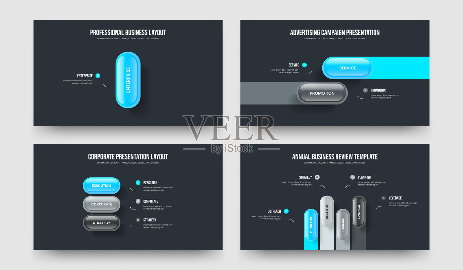 咨询报告 1 2 3 4 元素图示演示设计合集。视觉创新一二三四步信息图幻灯片布局矢量插图集。插画图片素材