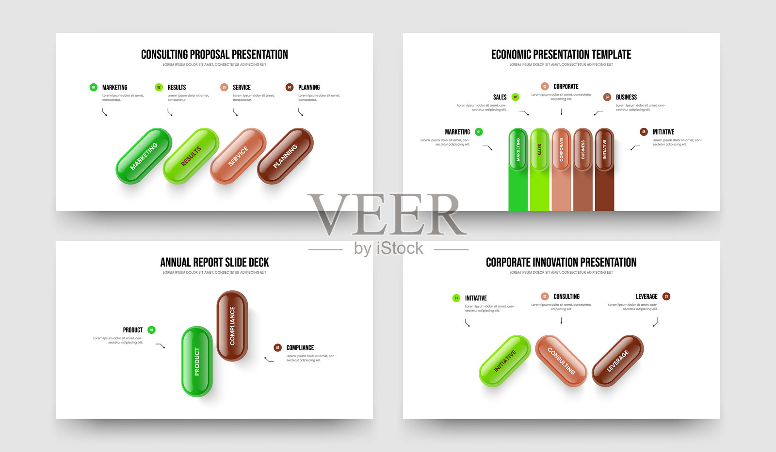 创意提案4 5 2 3步信息图表演示设计包。财务表现四五二三选项图示幻灯片布局矢量插图合集。插画图片素材
