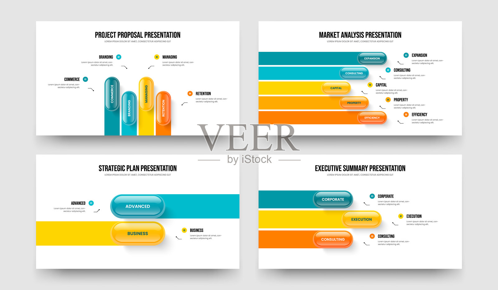 商业报告4 5 2 3选项图表幻灯片模板集。项目展示四五二三步信息图表演示布局矢量插图合集。插画图片素材
