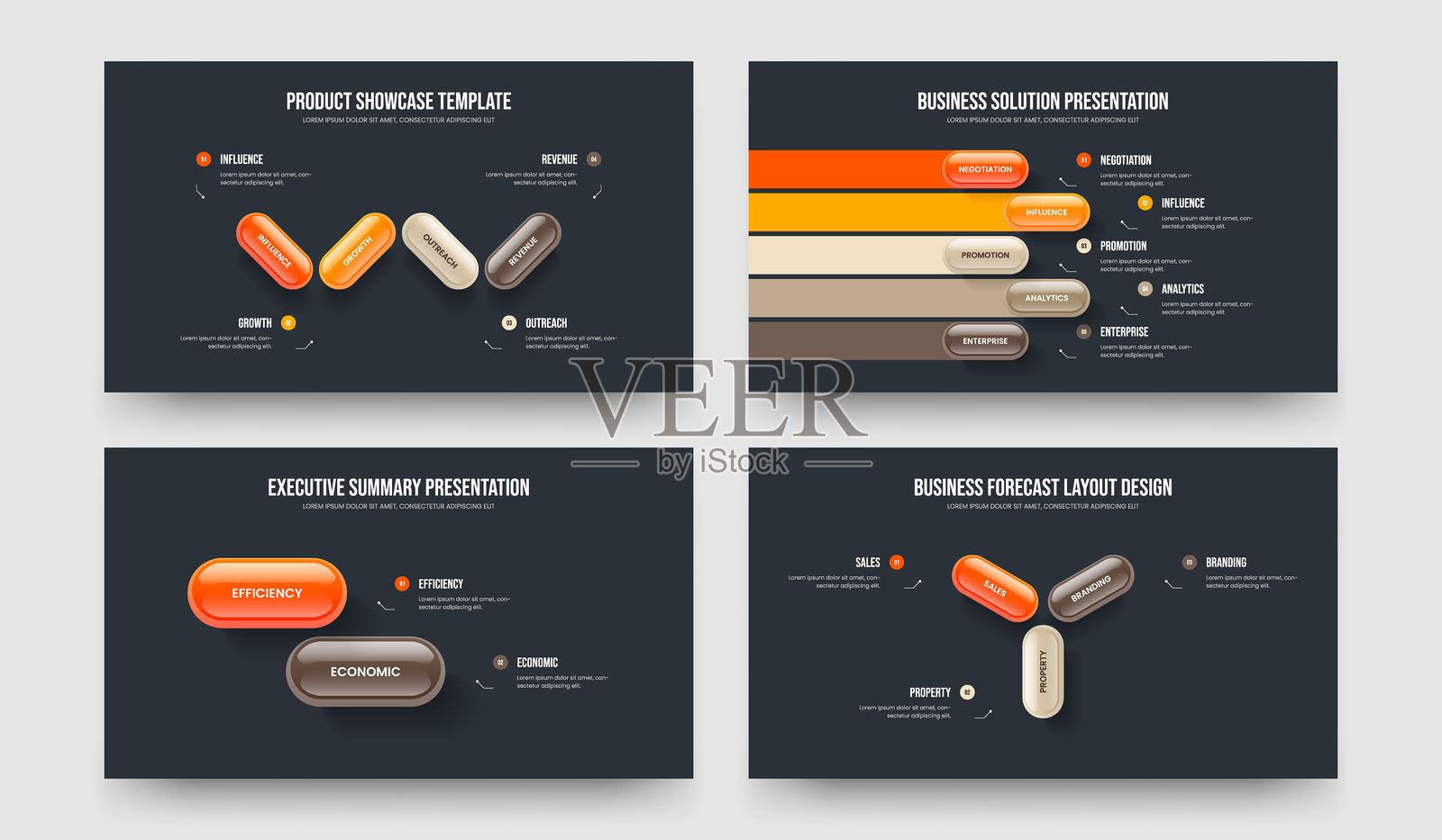 市场概述 4 5 2 3 选项信息图框模板包。公司可视化四五二三步图示幻灯片布局矢量插图合集。插画图片素材