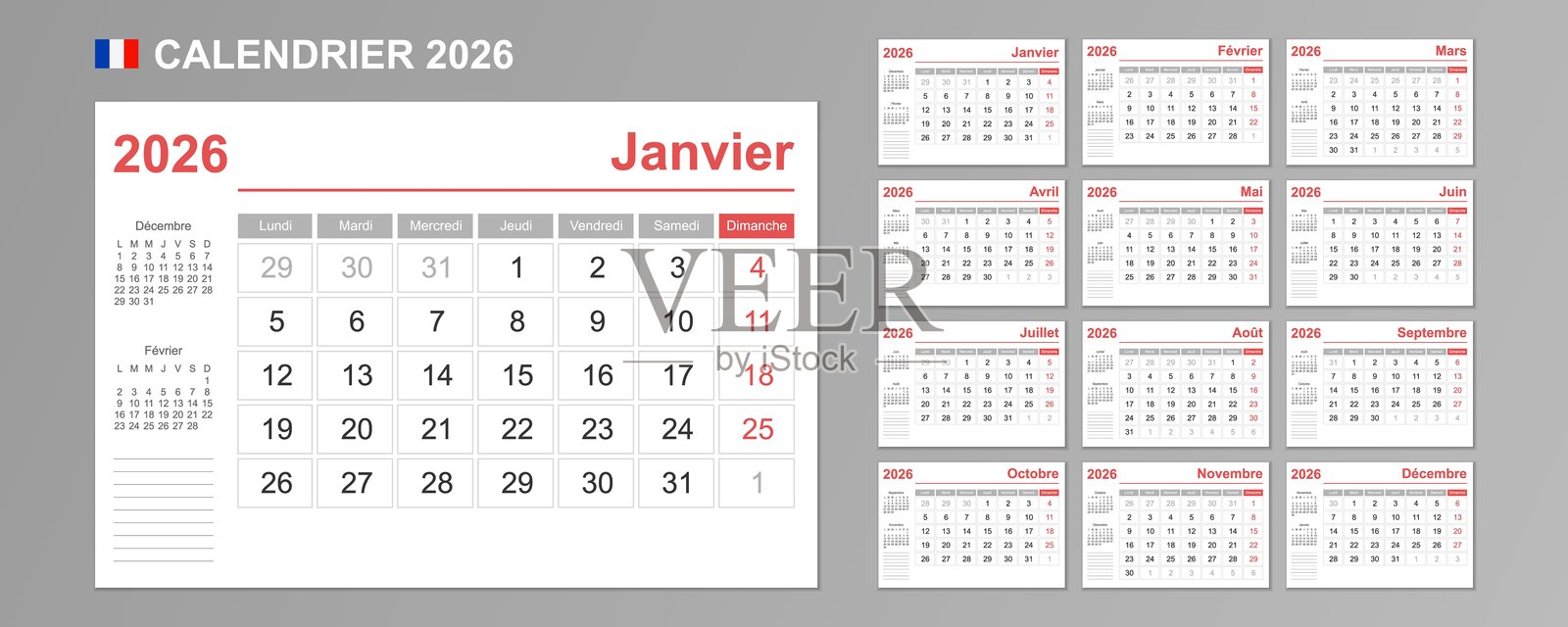 2026年法国日历。周一开始。简单的矢量模板。商务设计规划器。插画图片素材