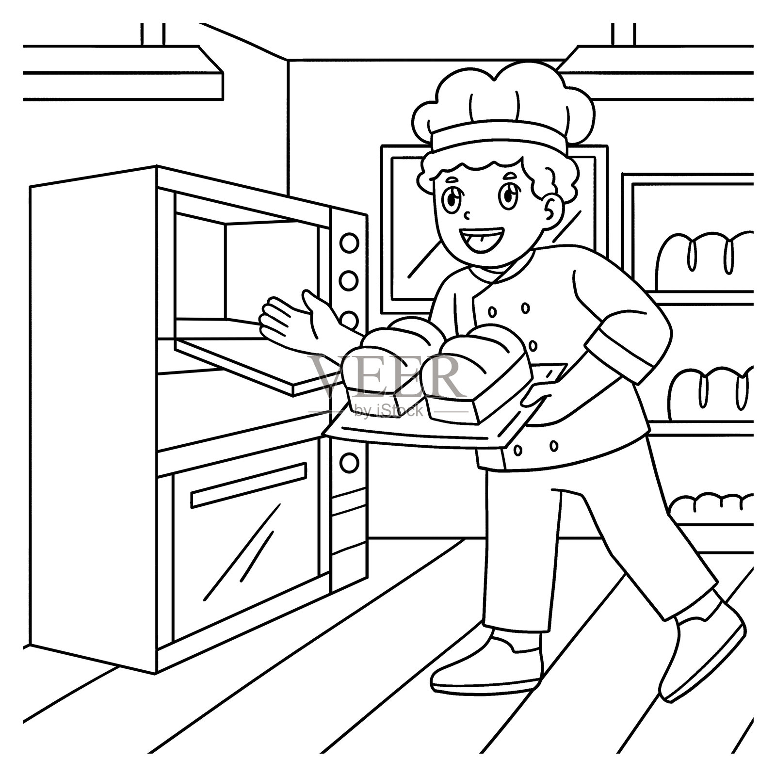 男面包师将糕点放入烤箱中上色插画图片素材