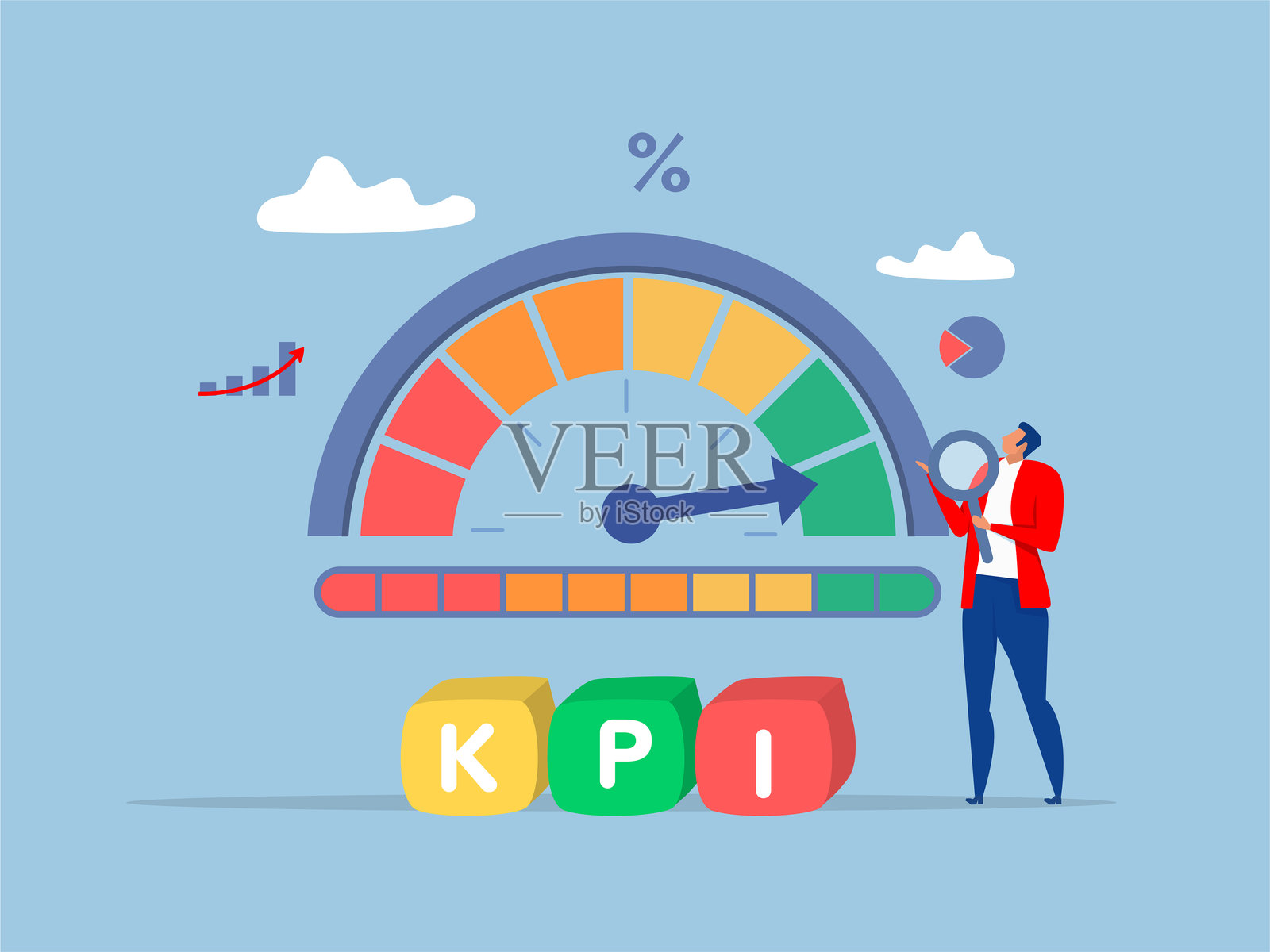 结果评估，商人放大基准指标图表比例。基准表现或KPI关键绩效指标向量。插画图片素材