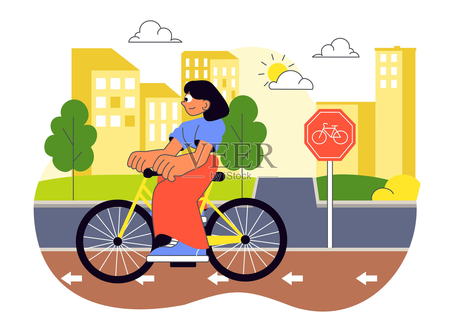 城市骑行矢量插图，展示人们参与户外休闲活动，骑着戴着头盔的自行车在背景的道路上。插画图片素材