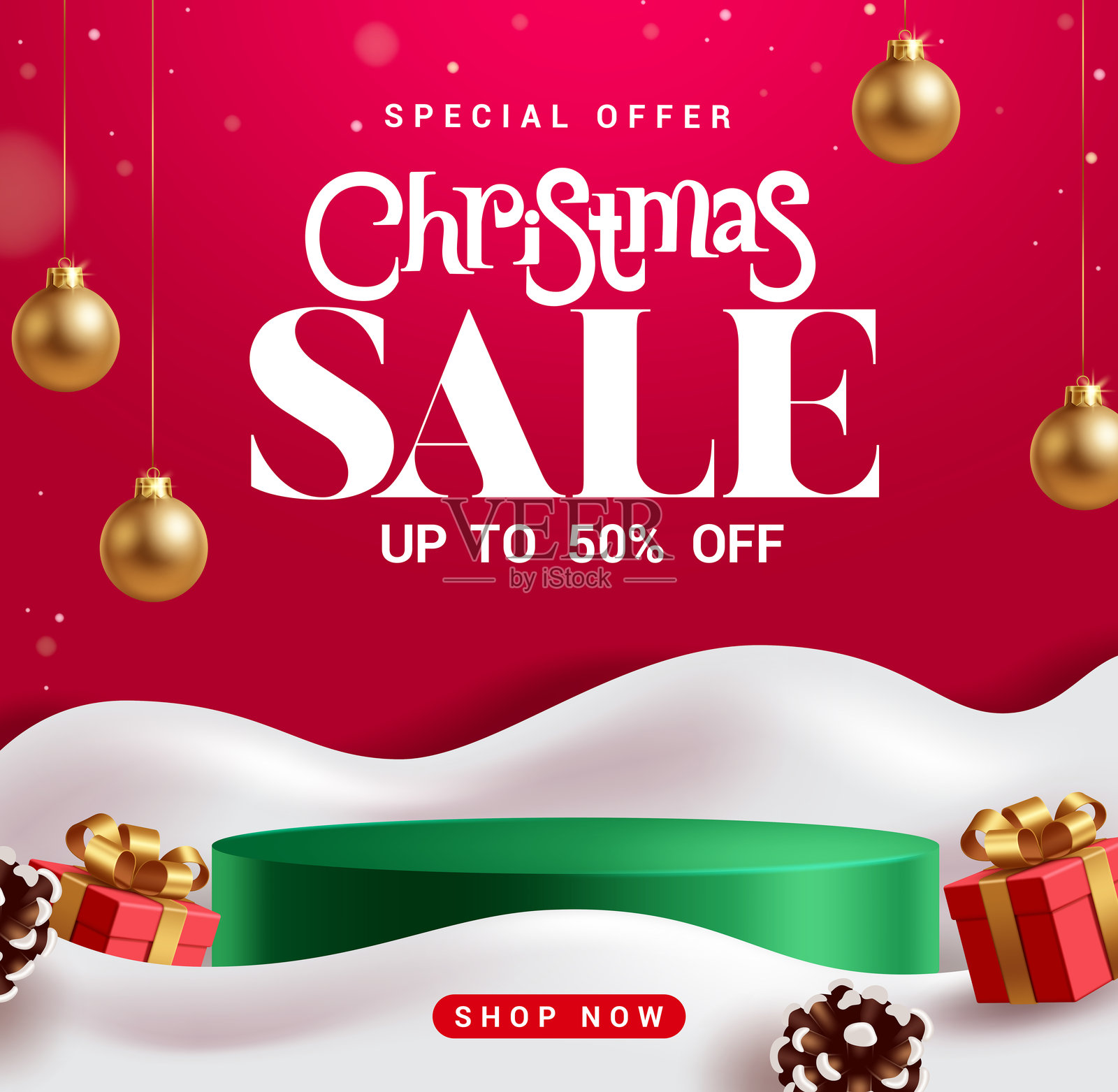 圣诞促销海报剪贴画设计。包含绿色讲台、礼品盒、云杉和悬挂球元素的圣诞促销特惠购物折扣剪贴画。插画图片素材