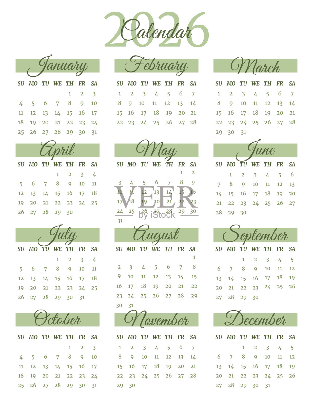 2026年日历垂直页面模板。周日开始的一周。优雅单色设计的月度计划日记。插画图片素材