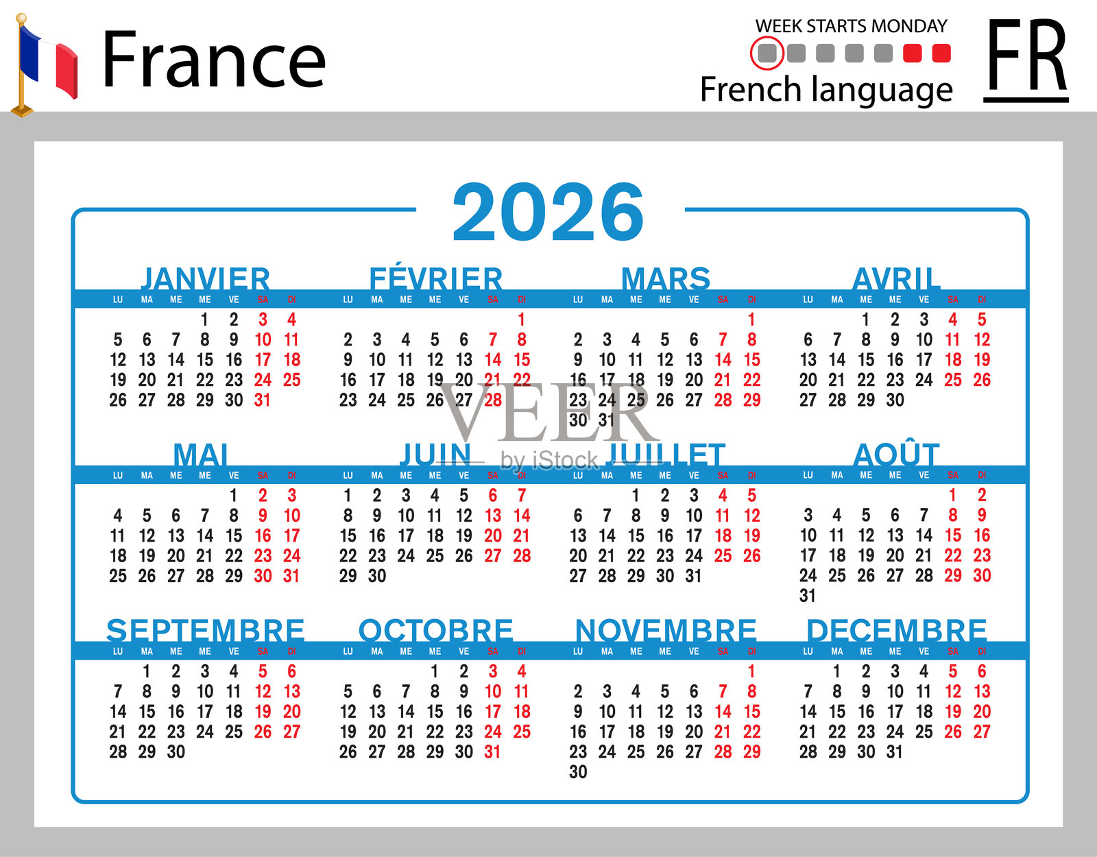 2026年法式横向口袋日历，周一开始。插画图片素材