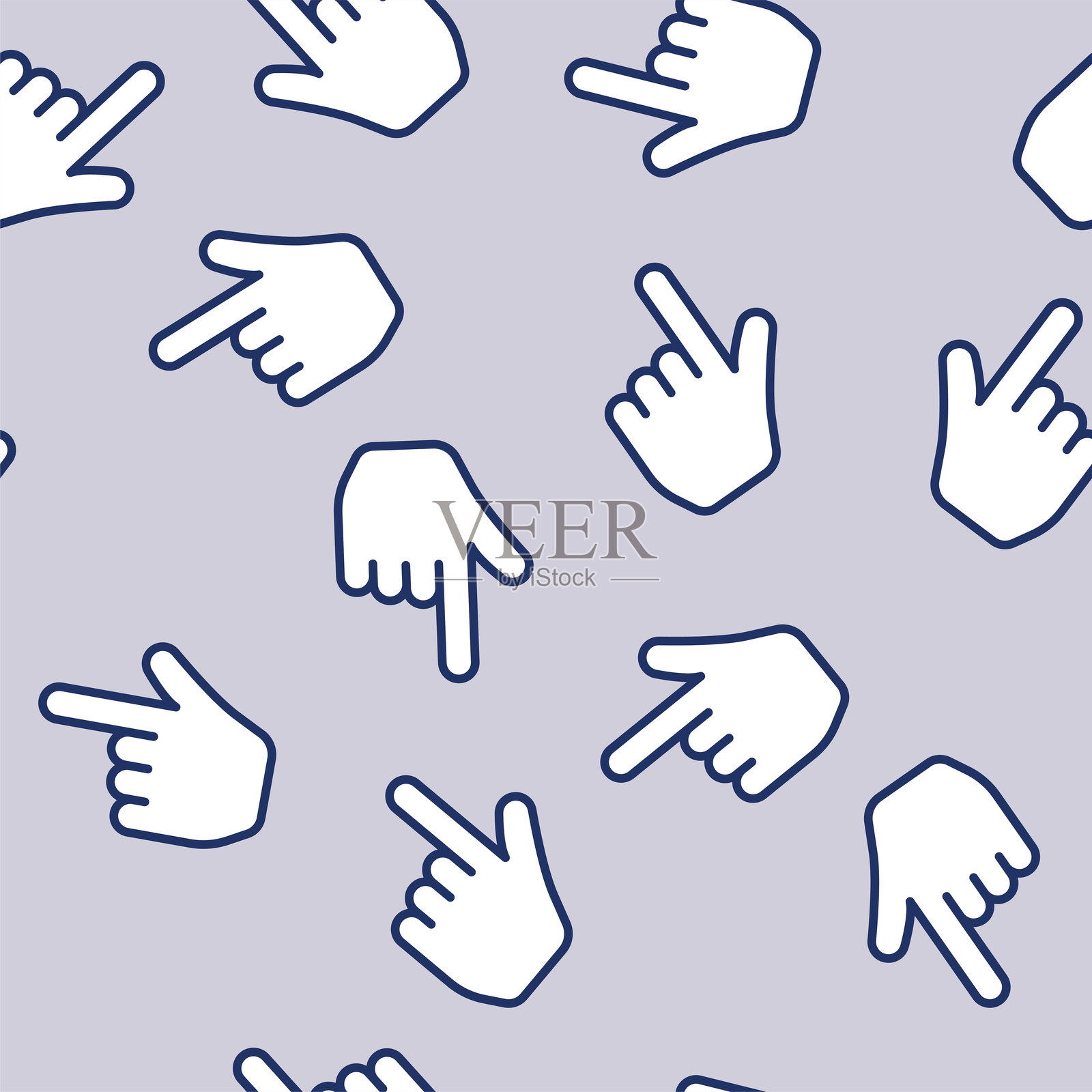 手势光标标志的无缝图案。指针、手指触摸和点击手势图标，纹理。点击这里，手指，触摸，光标，鼠标符号插画图片素材