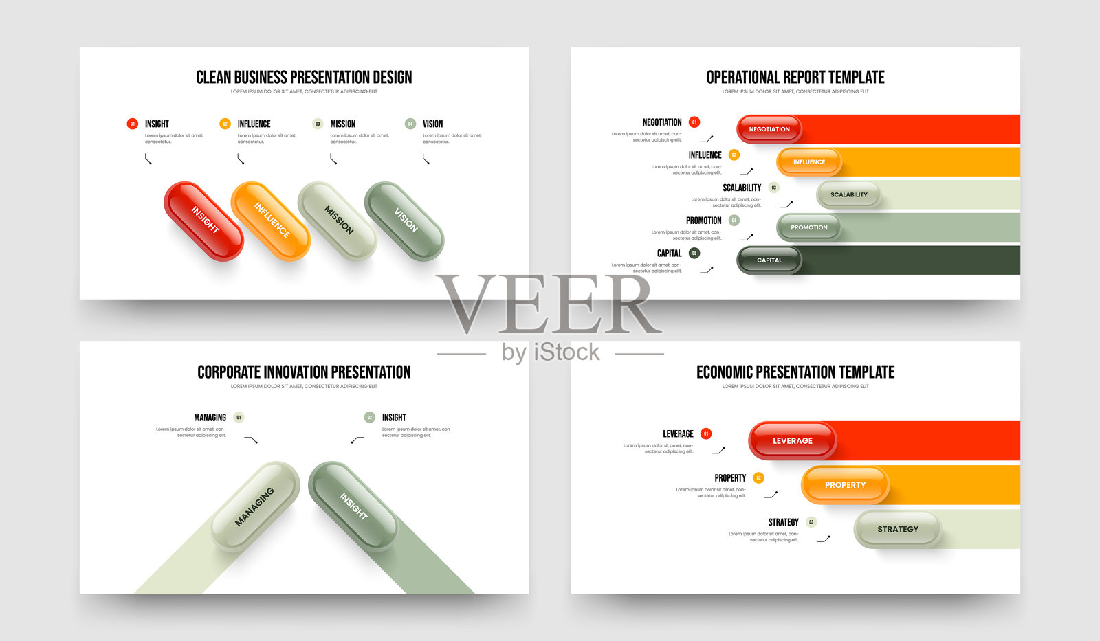 企业战略4 5 2 3元素图表幻灯片模板包。视觉表现四五二三步信息图框架设计矢量插图集。插画图片素材
