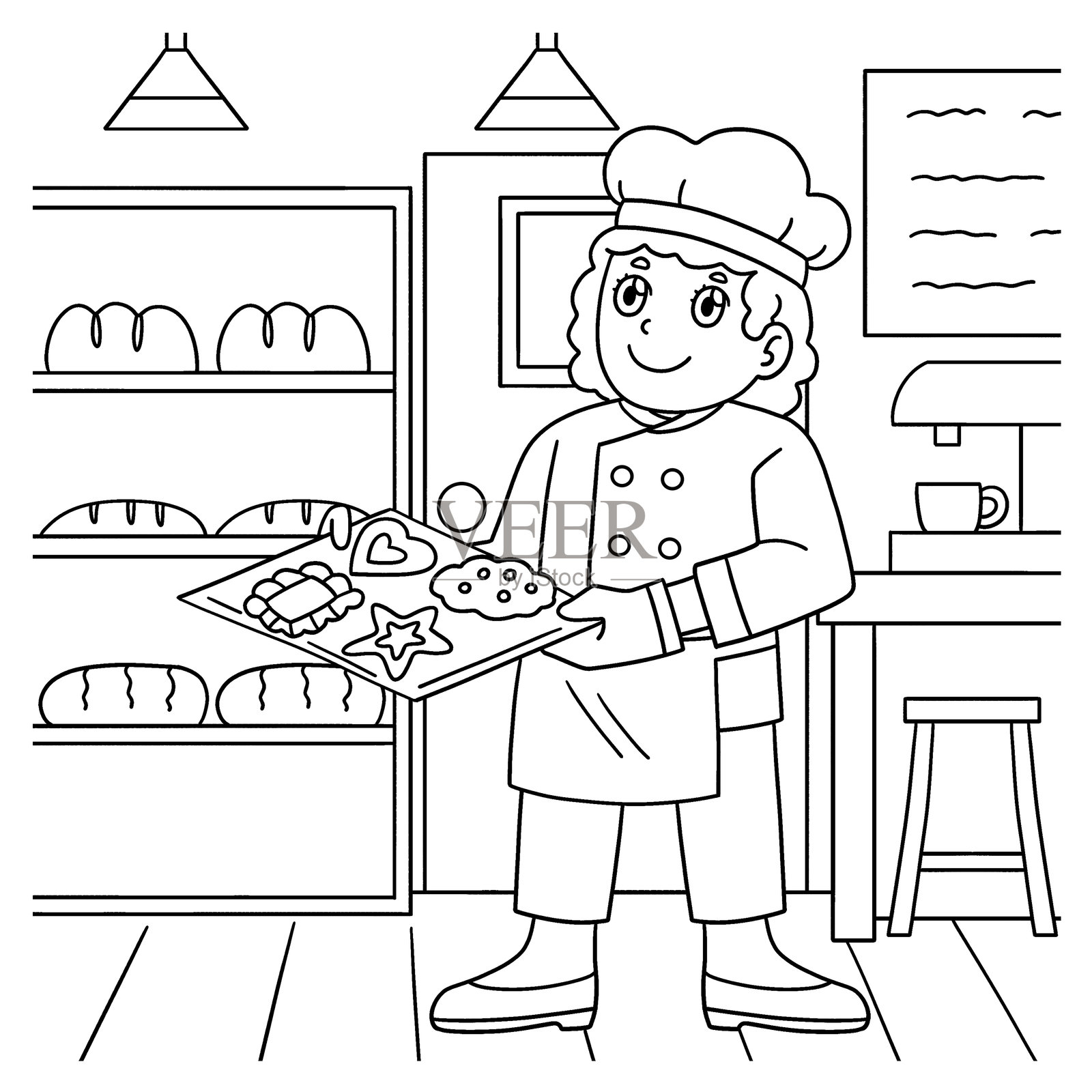 女面包师与饼干托盘的涂色页插画图片素材