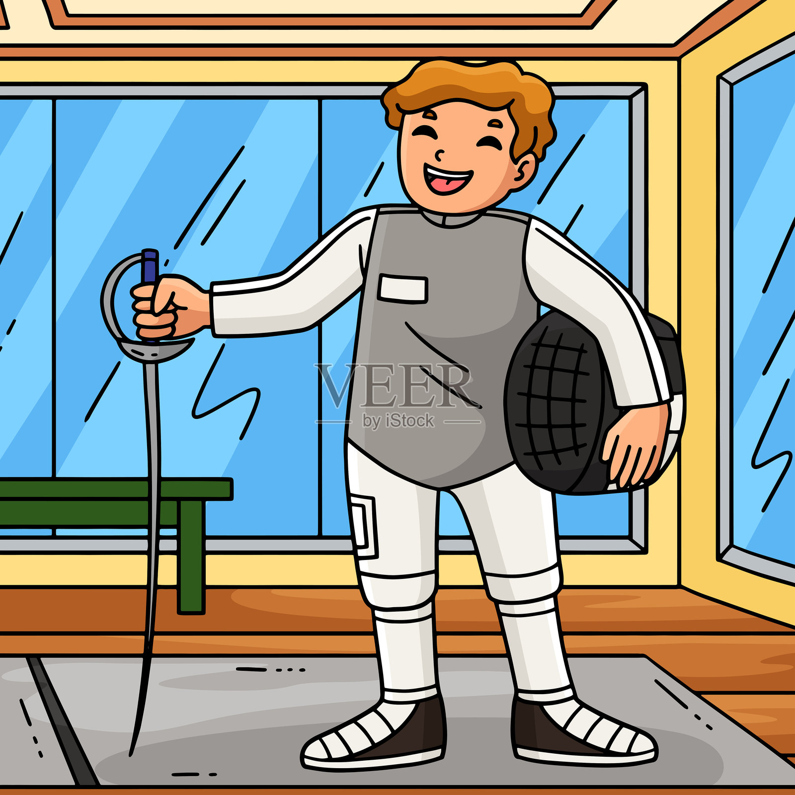 彩色的男击剑运动员，手持佩剑和头盔插画图片素材