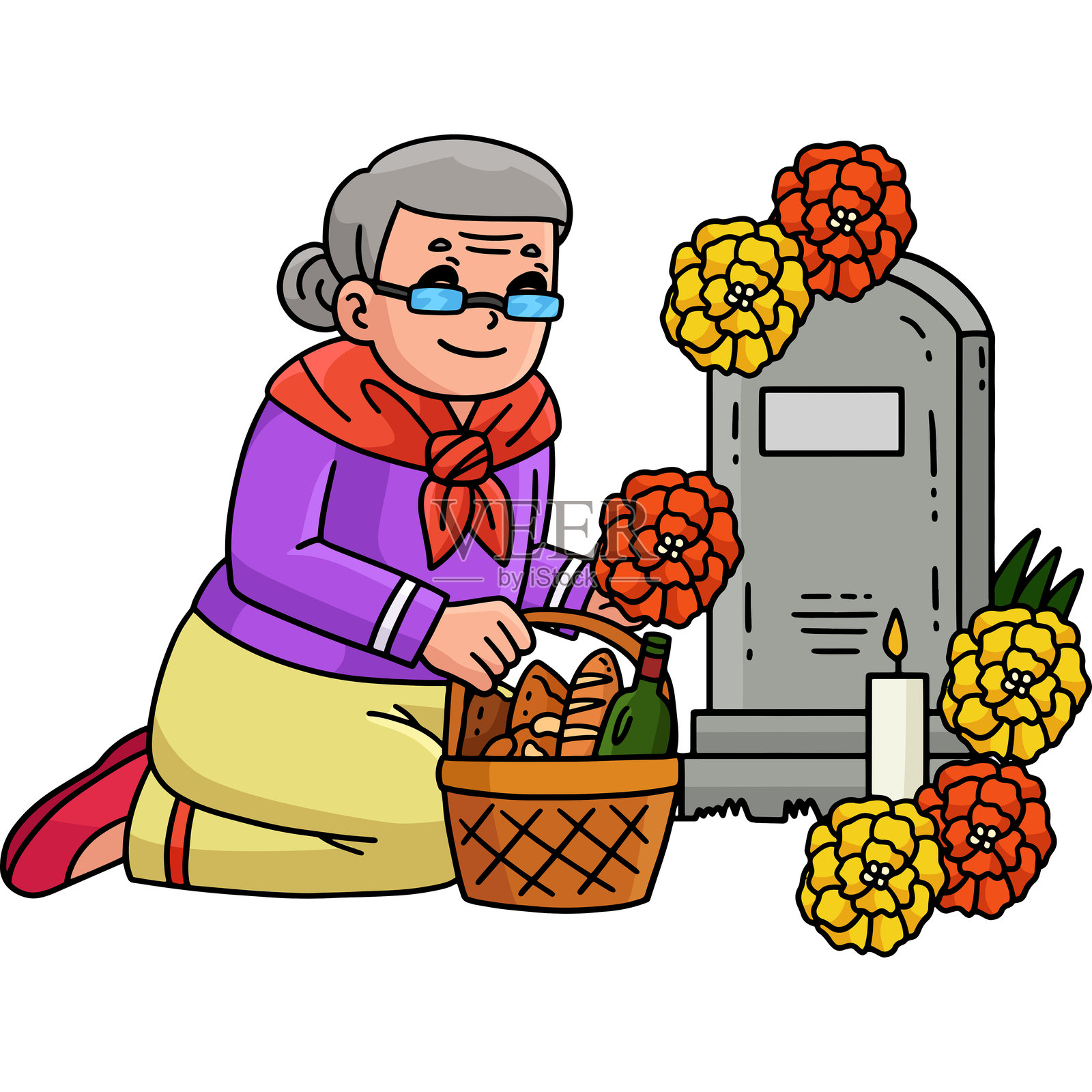 亡灵节奶奶在装饰墓碑插画图片素材