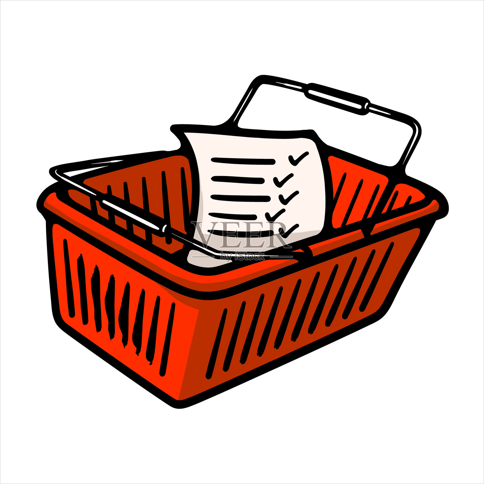 购物篮与勾选标记的卡通矢量插图插画图片素材