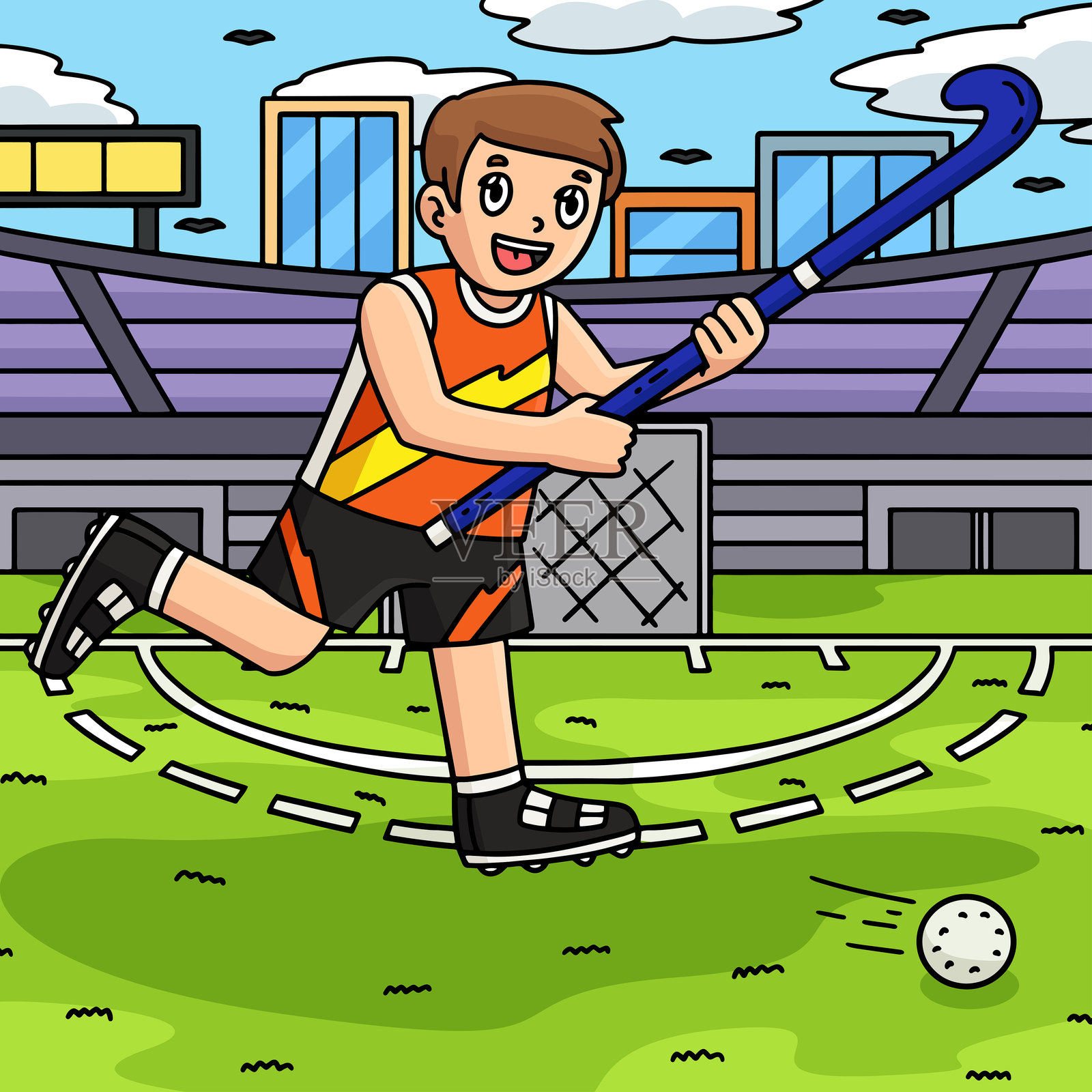 男子曲棍球运动员追逐彩色球插画图片素材