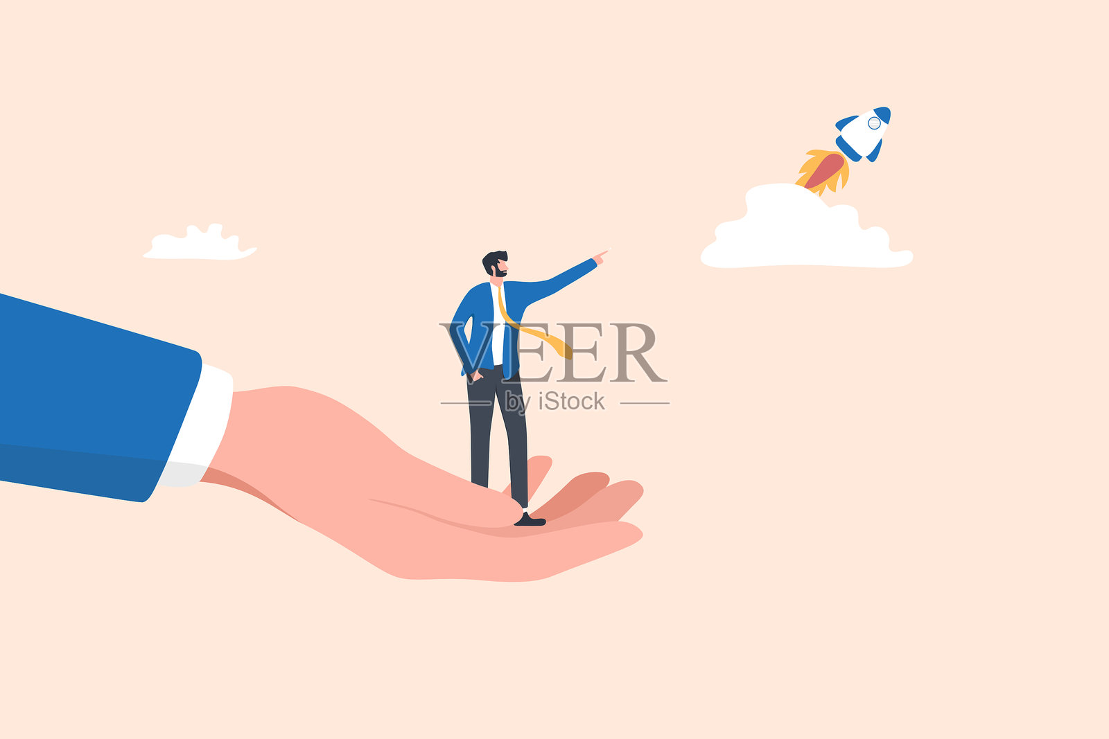 商人站在巨大的手上，指向火箭插画图片素材