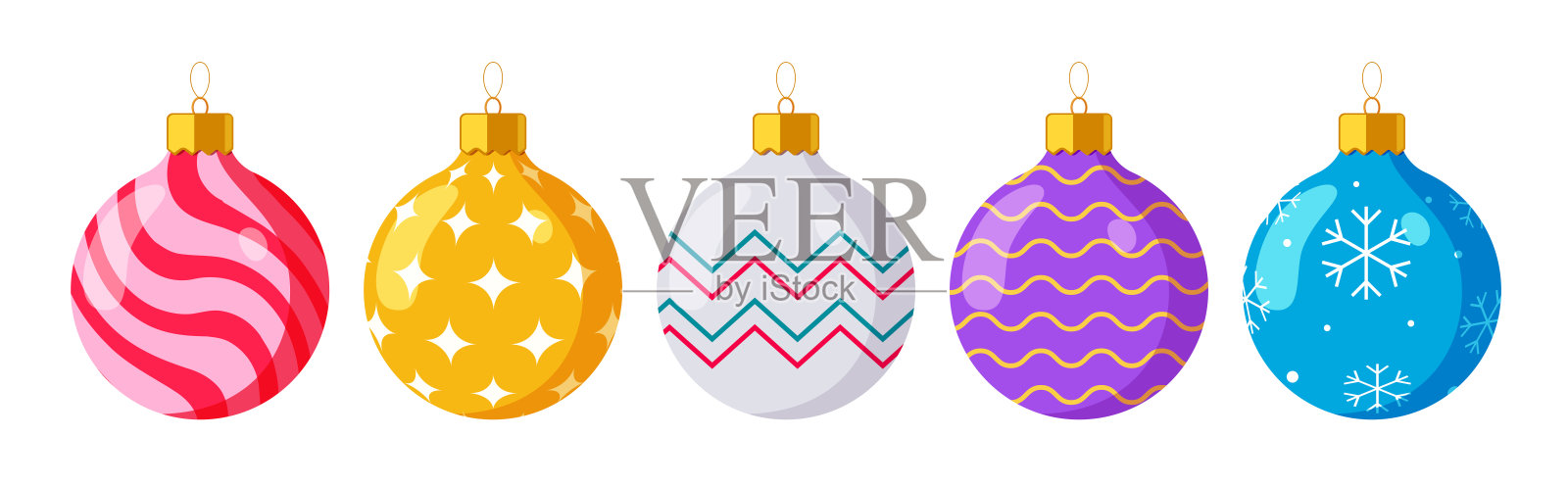 色彩缤纷的圣诞球，带有节日图案、星星和雪花，适合假日设计。插画图片素材