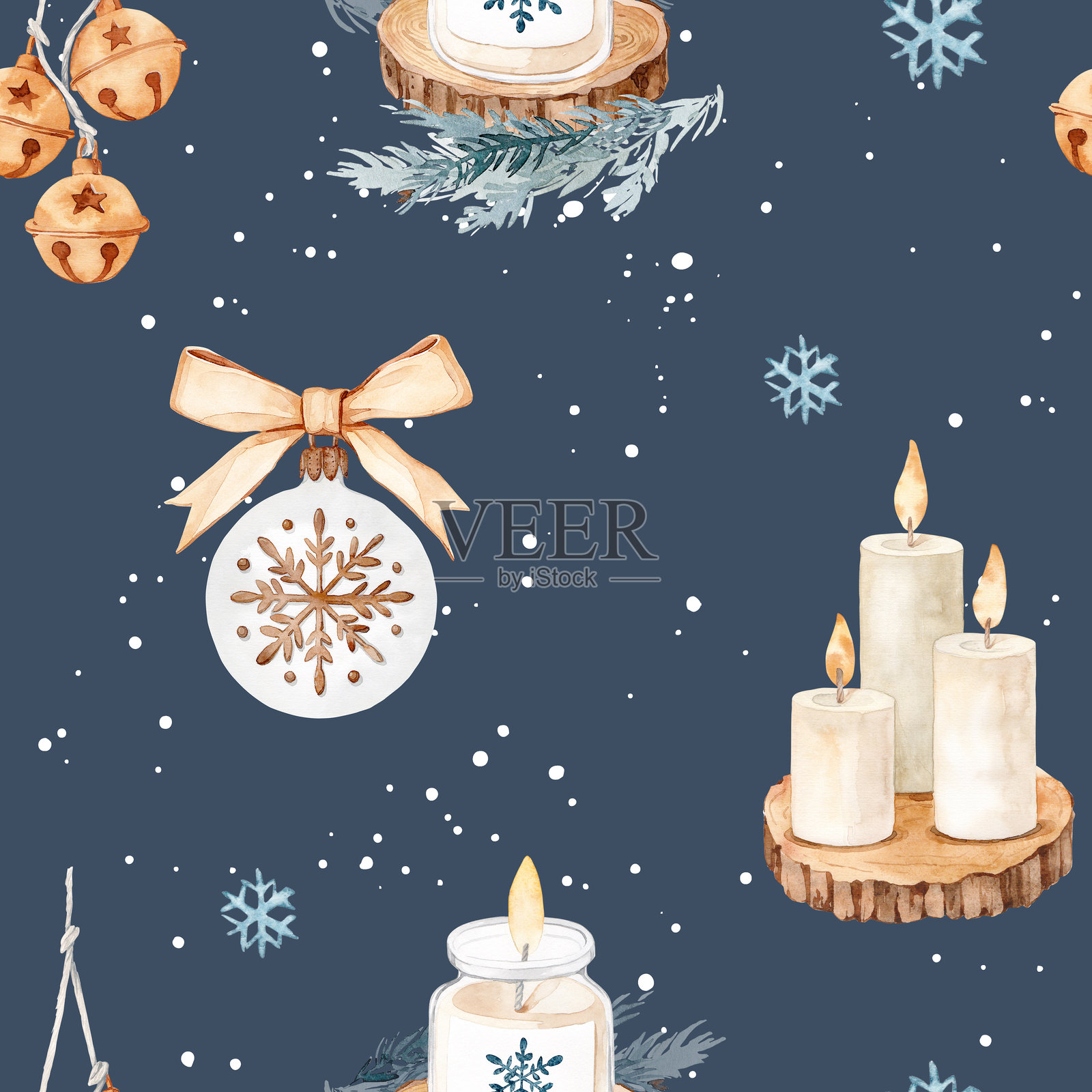 水彩圣诞无缝图案，包含蜡烛和装饰品插画图片素材