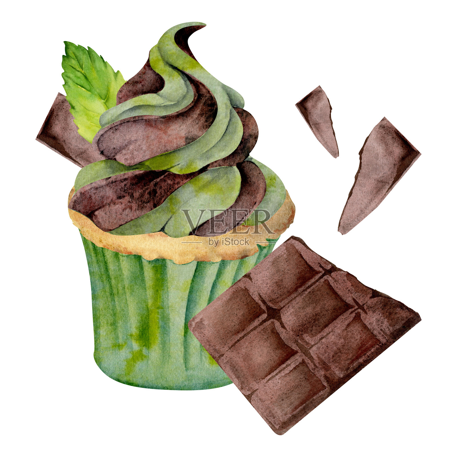 带薄荷叶的杯子蛋糕，慕斯漩涡，巧克力块，手工纸杯烘焙的松饼，水彩手绘。孤立的剪贴画。甜点主题内容，厨房视觉，食品手工艺套件。插画图片素材