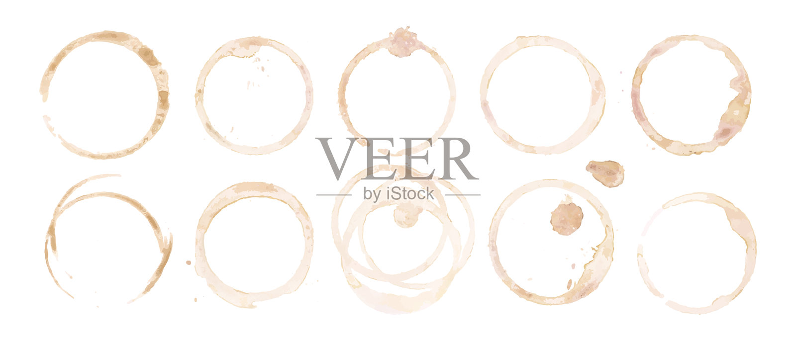 咖啡杯或茶渍饮料环矢量插图集，独立于白色背景插画图片素材