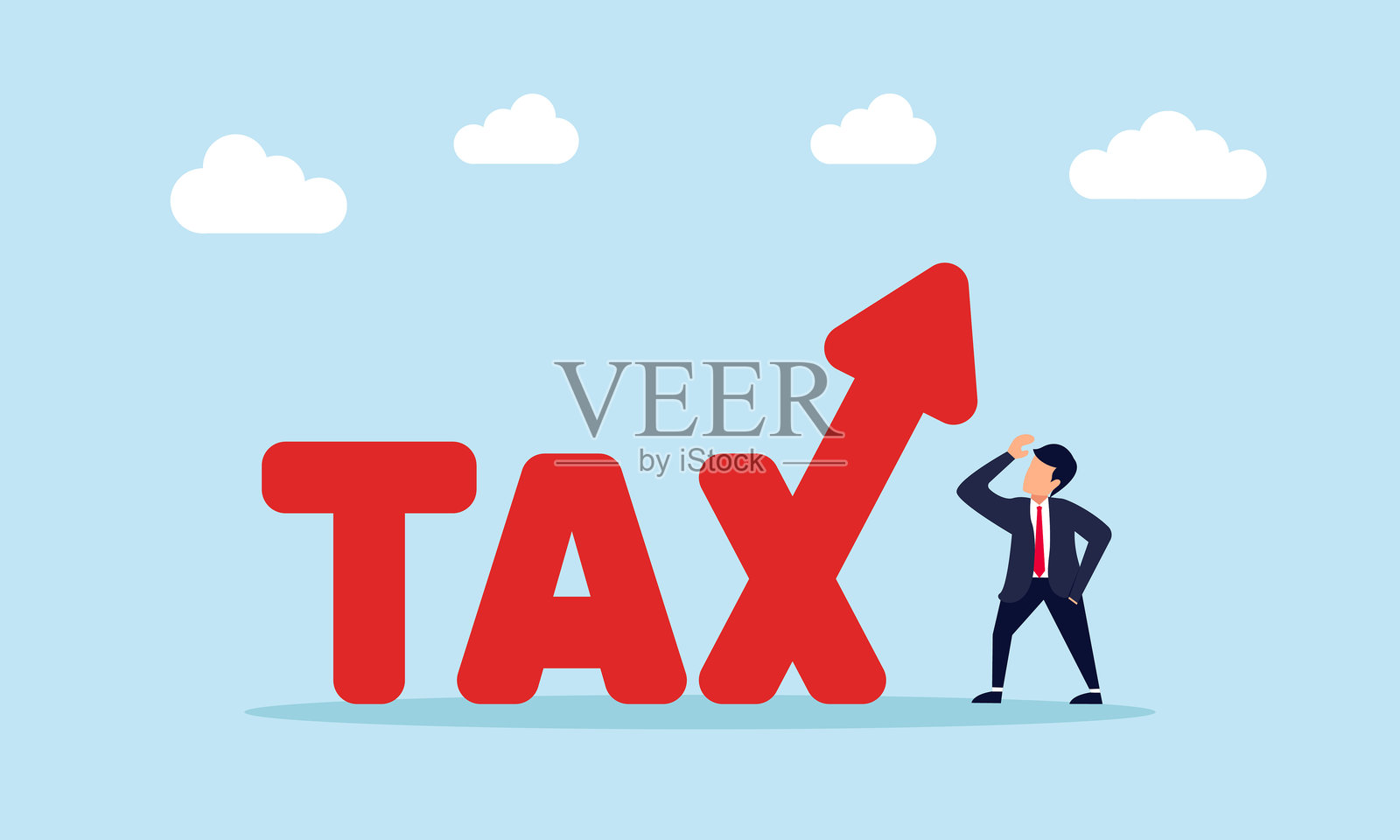 商人困惑地看着税务文本，旁边有一根向上的箭头，象征着对公司税务成本上升的困惑。插画图片素材
