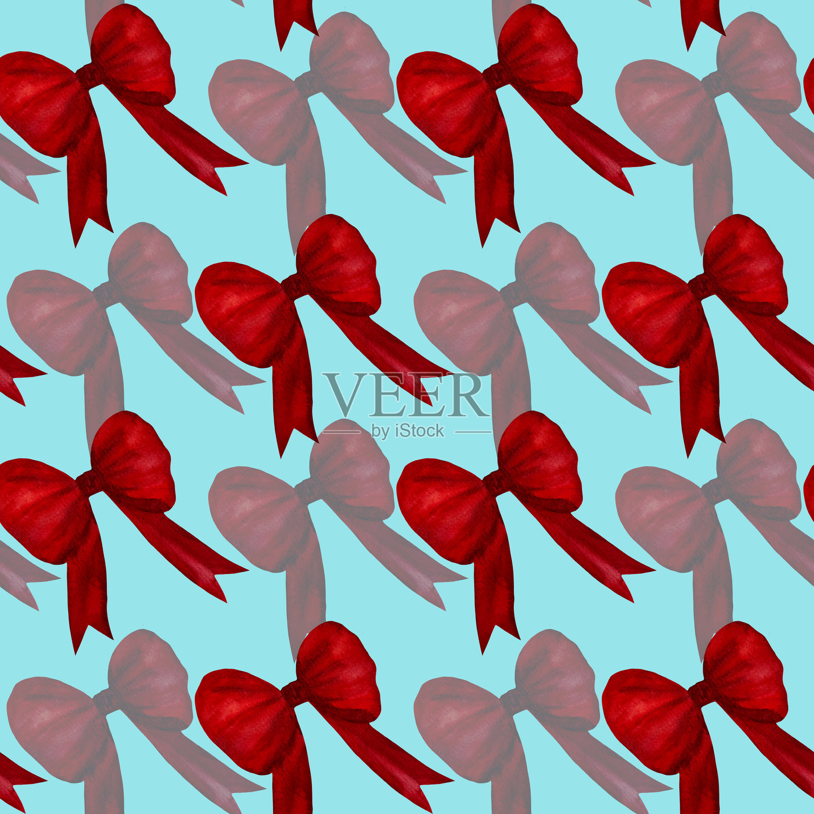 美丽的红色蝴蝶结，带长尾的缎面和丝带纹理，无缝图案。水彩手绘插图。适合女性、女孩、节日、装饰、配饰和礼物。插画图片素材