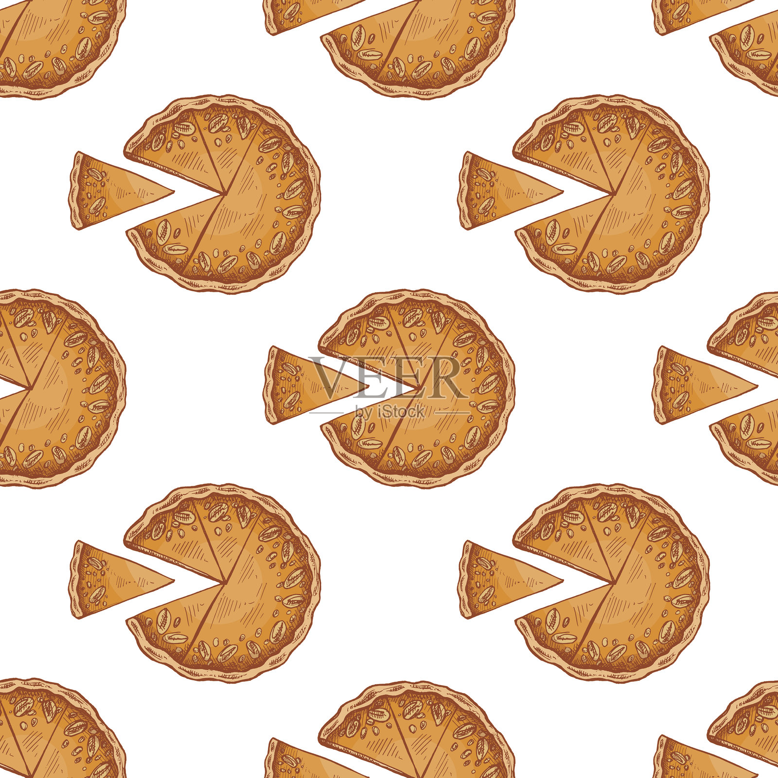 手绘复古风格的无缝图案，包含整块南瓜派、切片和种子，采用温暖的棕色调，矢量插图。插画图片素材