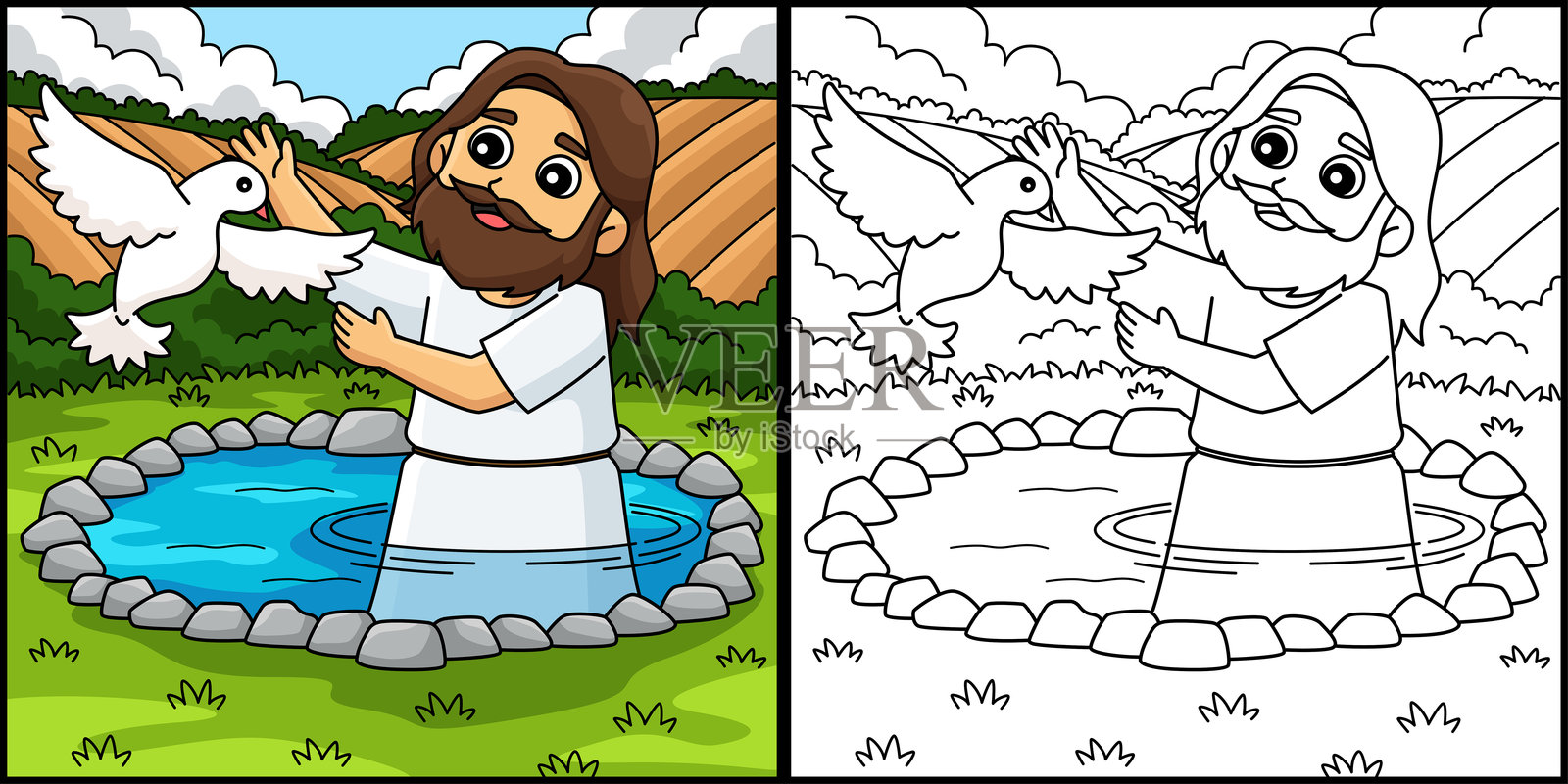 耶稣受洗与鸽子的涂色插图插画图片素材