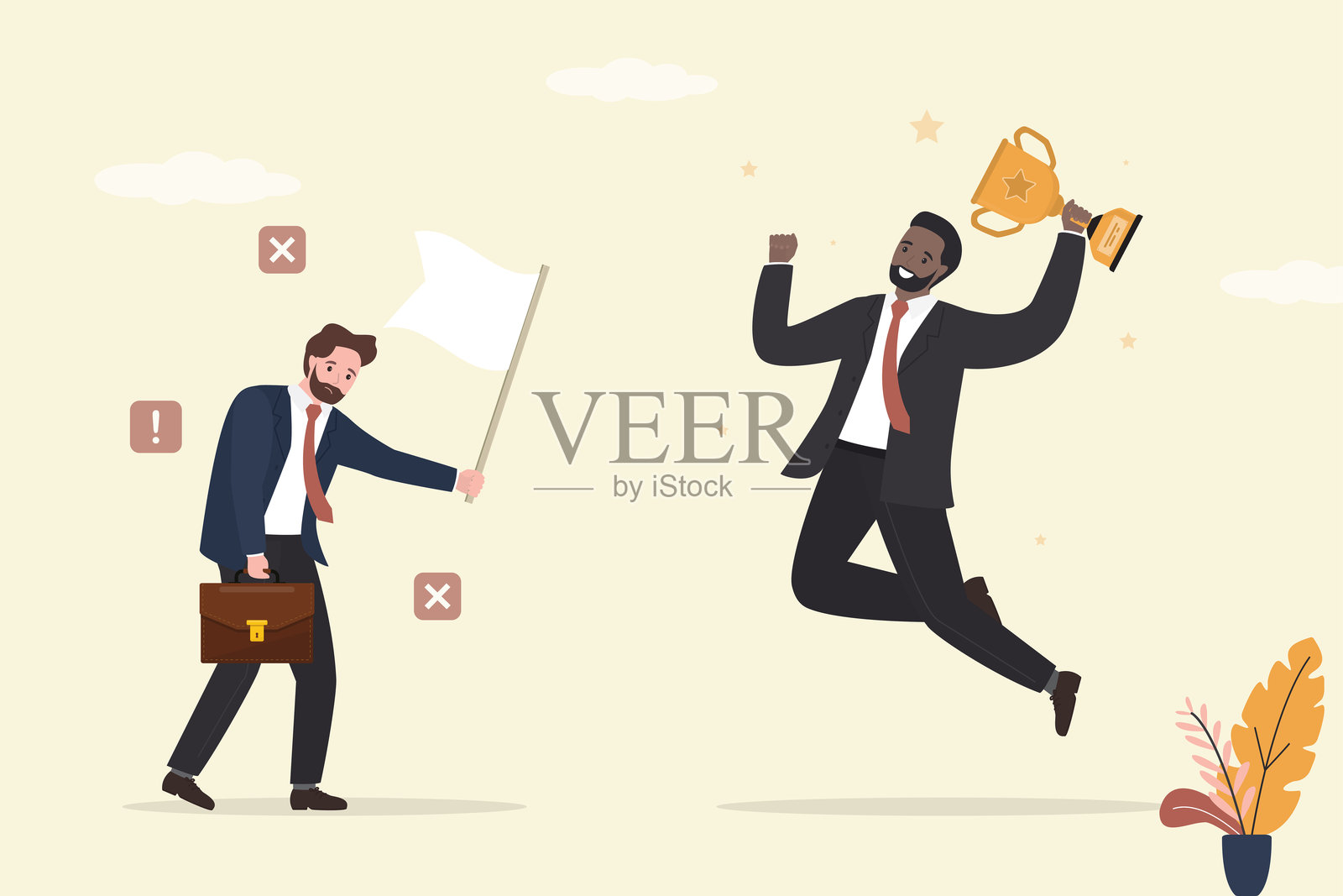 赢家与输家。伤心的商人挥舞着白旗。快乐的赢家手握奖杯和利润。克服障碍并取得胜利。商业竞争。放弃工作和生意。插画图片素材