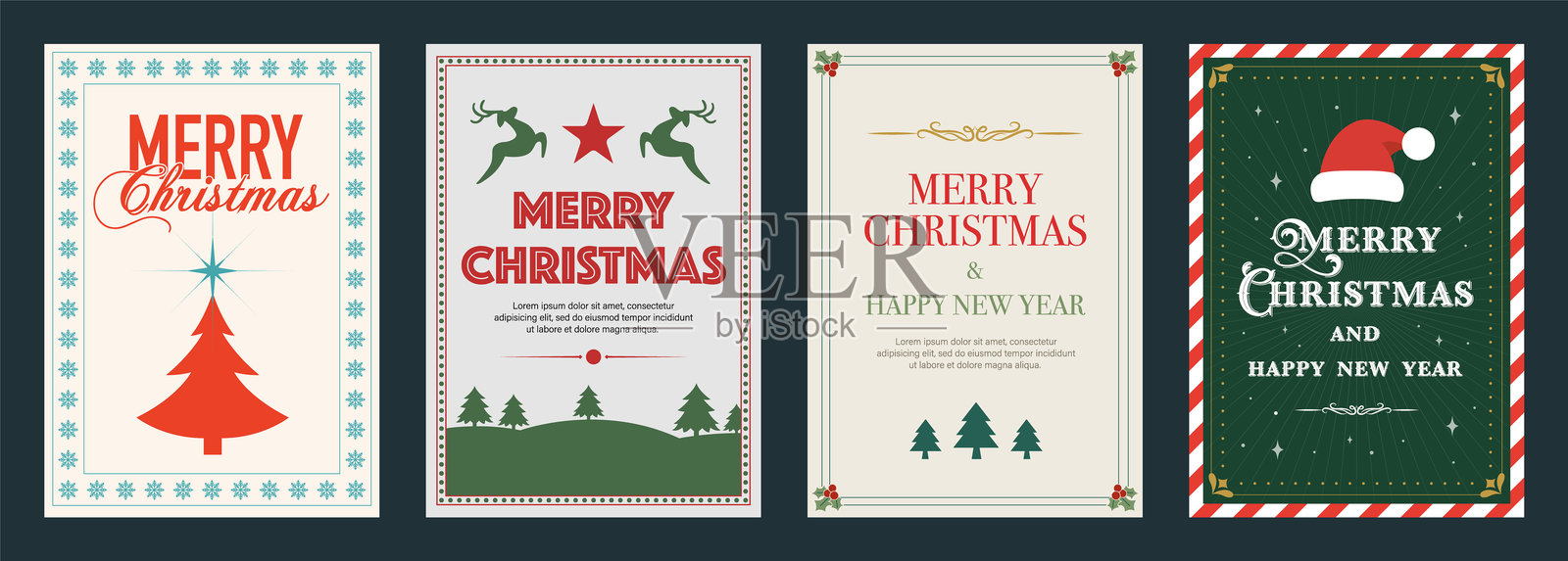 圣诞贺卡套装。圣诞快乐和新年快乐的贺卡。插画图片素材