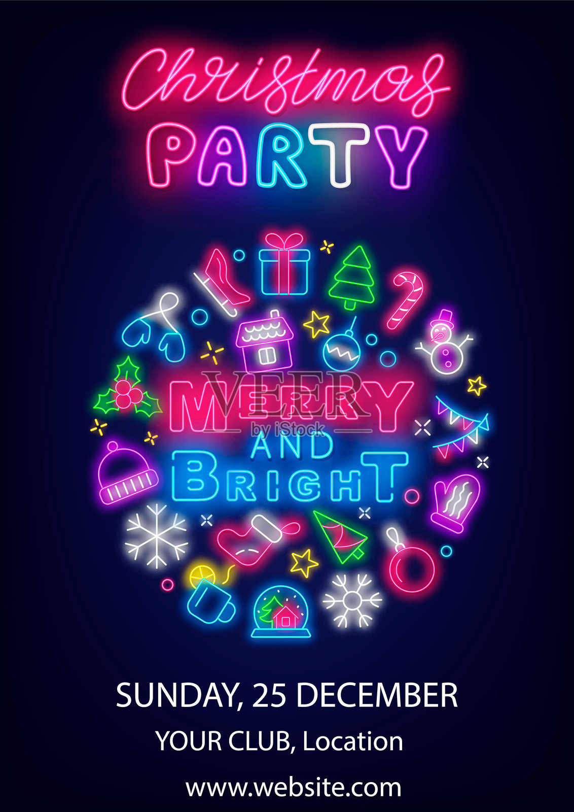 圣诞派对霓虹垂直海报。新年快乐。假日图标的圆形布局。矢量库存插图插画图片素材