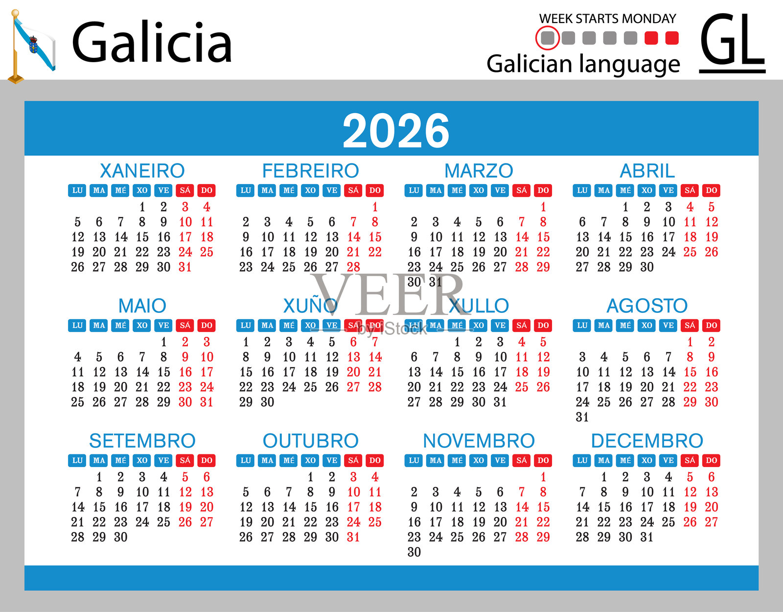 2026年加利西亚横向口袋日历。周一开始。插画图片素材