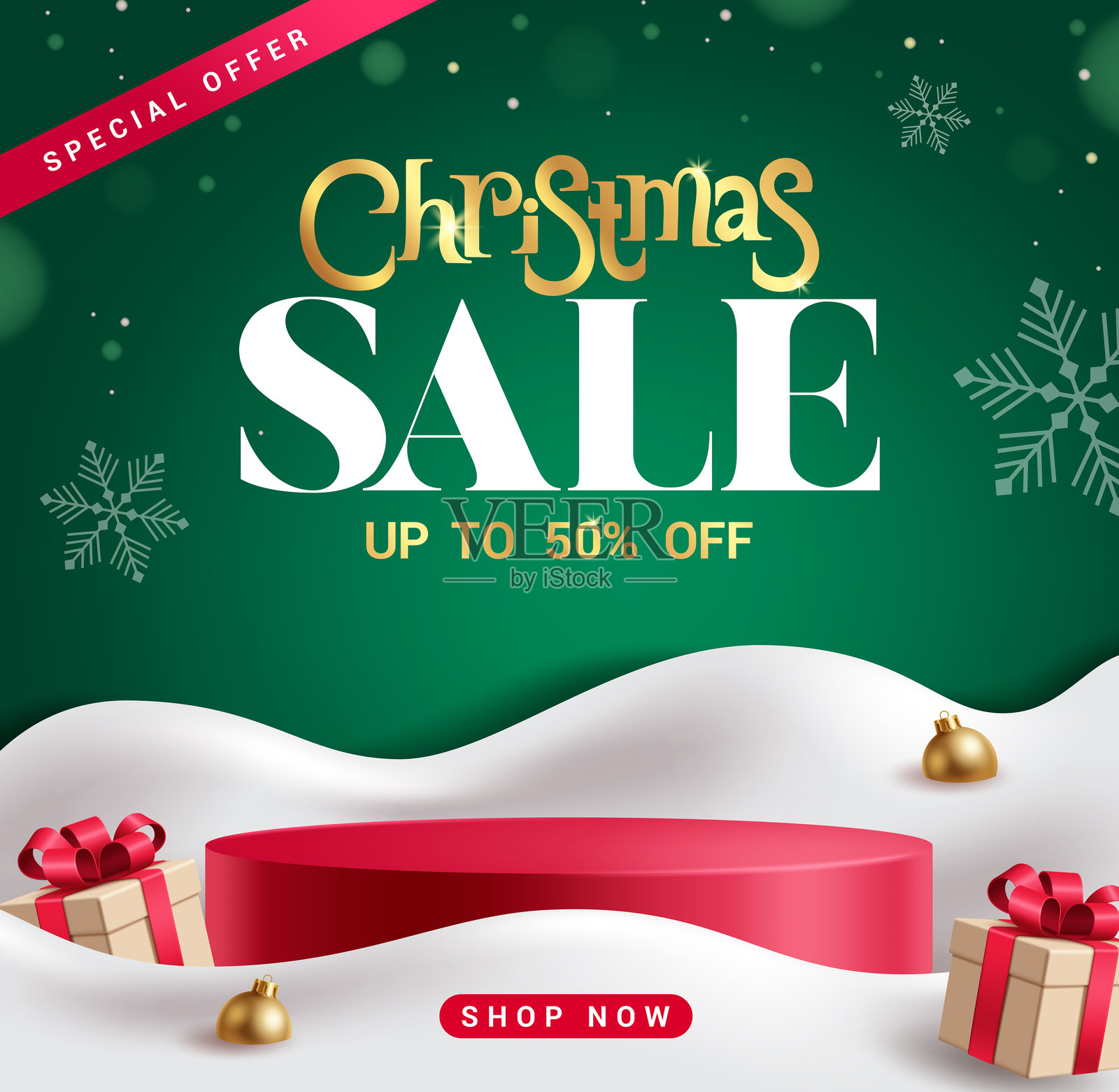 圣诞促销海报剪贴画设计。圣诞促销排版文字剪贴画，特价优惠折扣，配有红色舞台、礼品盒和球体。插画图片素材