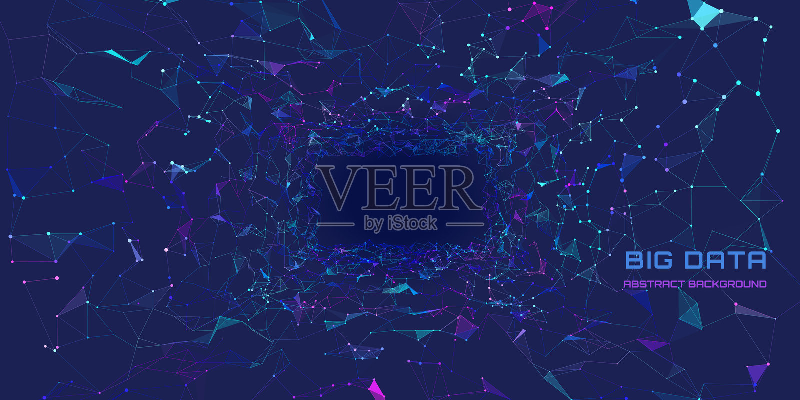 未来主义背景，来自于由线条连接数据点的3D网格方形隧道。概念为黑暗网络空间中的大数据彩色网格。插画图片素材