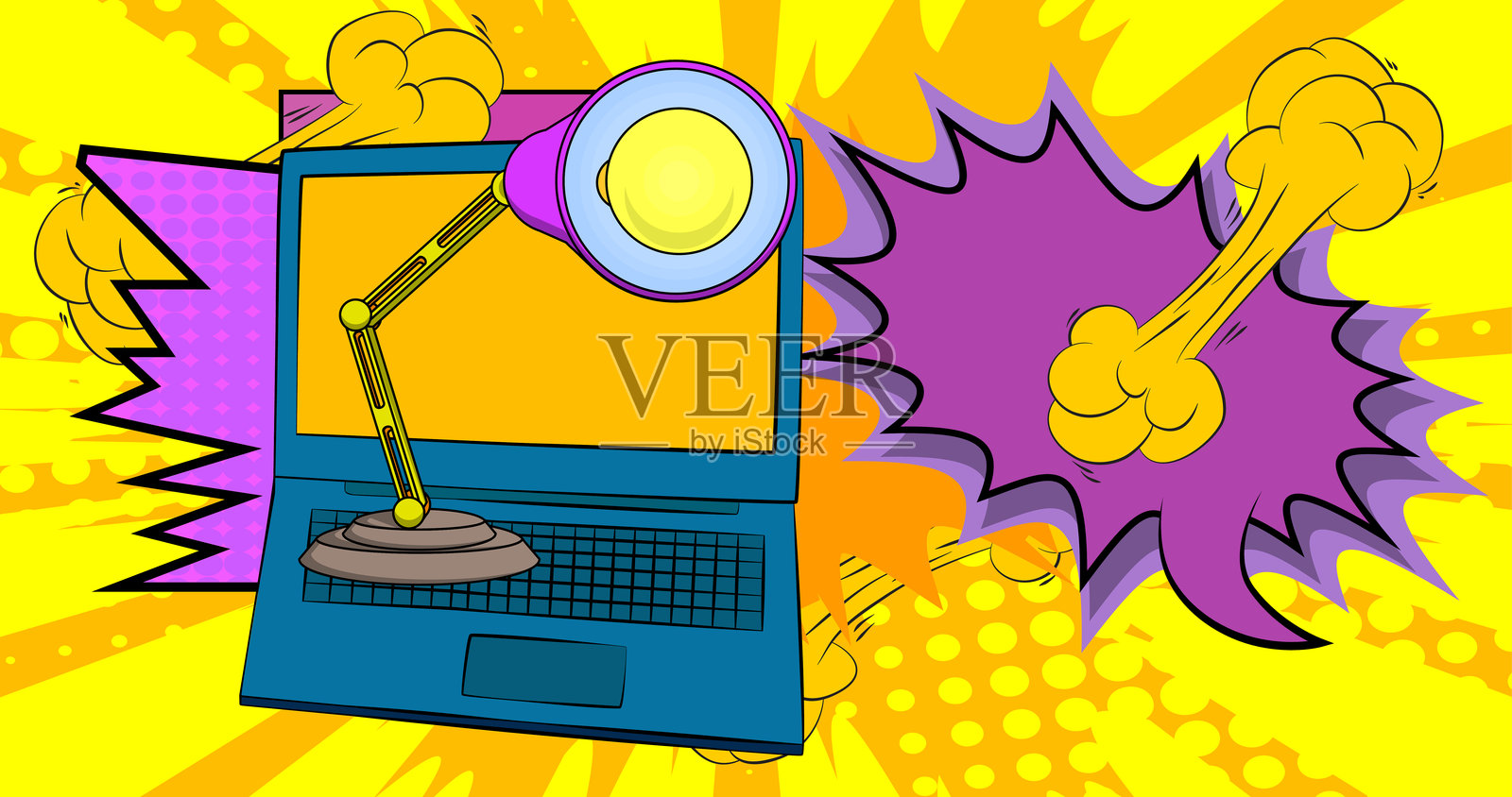 卡通笔记本电脑，漫画书笔记本和办公台灯。复古矢量漫画流行艺术设计。插画图片素材