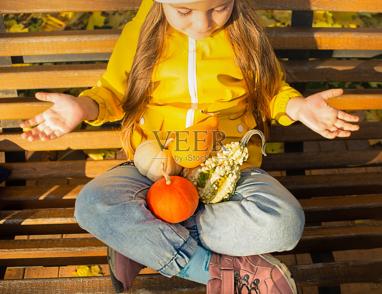一个女孩在公园的长椅上，手里拿着五彩斑斓的南瓜，秋天的气息。万圣节道具。照片摄影图片