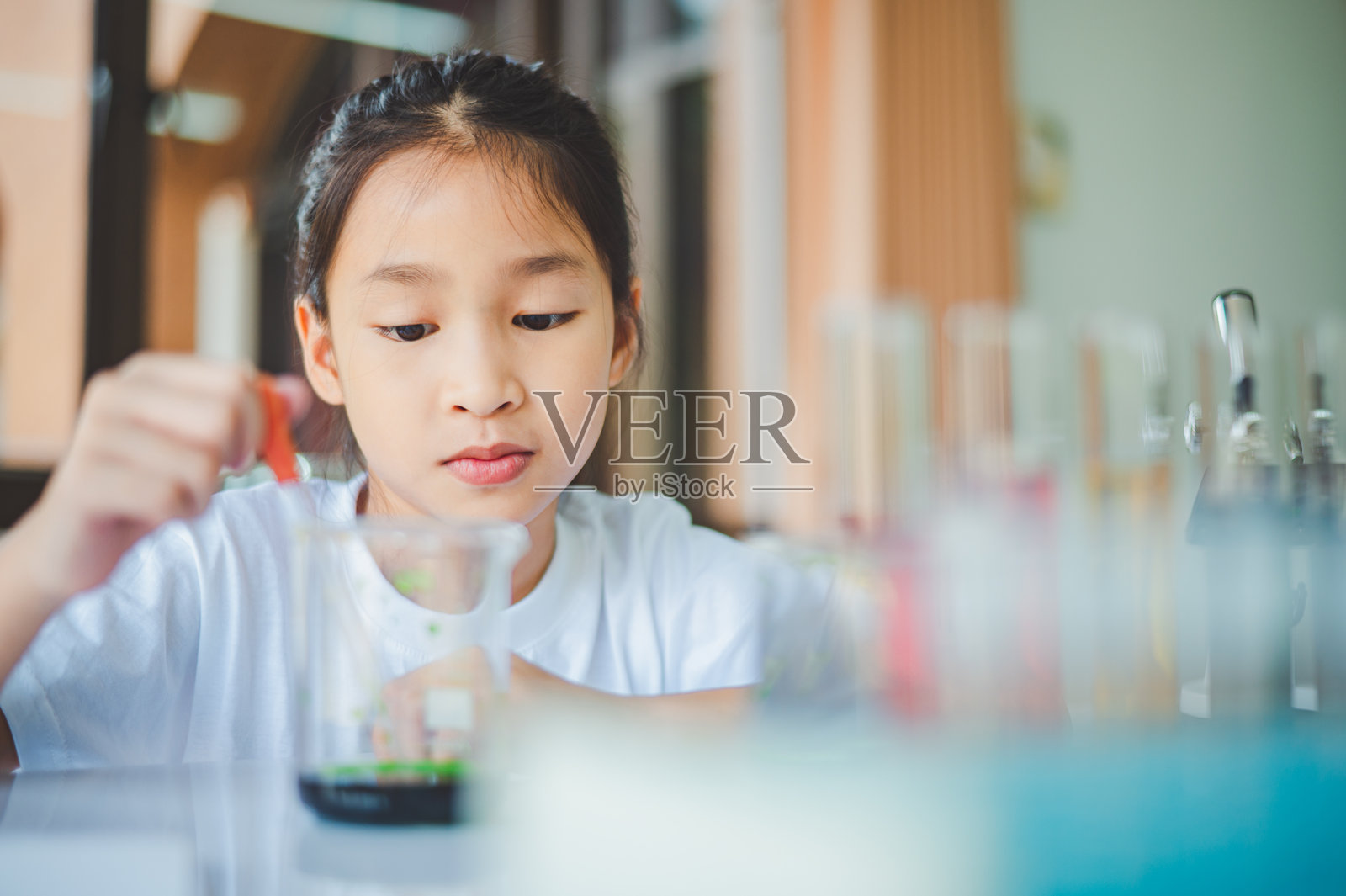 小科学家通过显微镜观察，试管中装满了化学物质，用于学习科学和实验。照片摄影图片