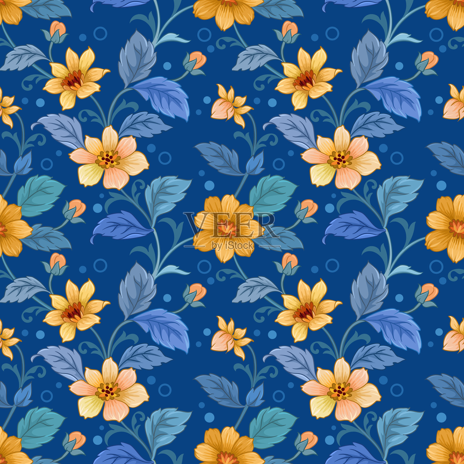 美丽的盛开花朵设计在蓝色背景上的无缝图案。插画图片素材