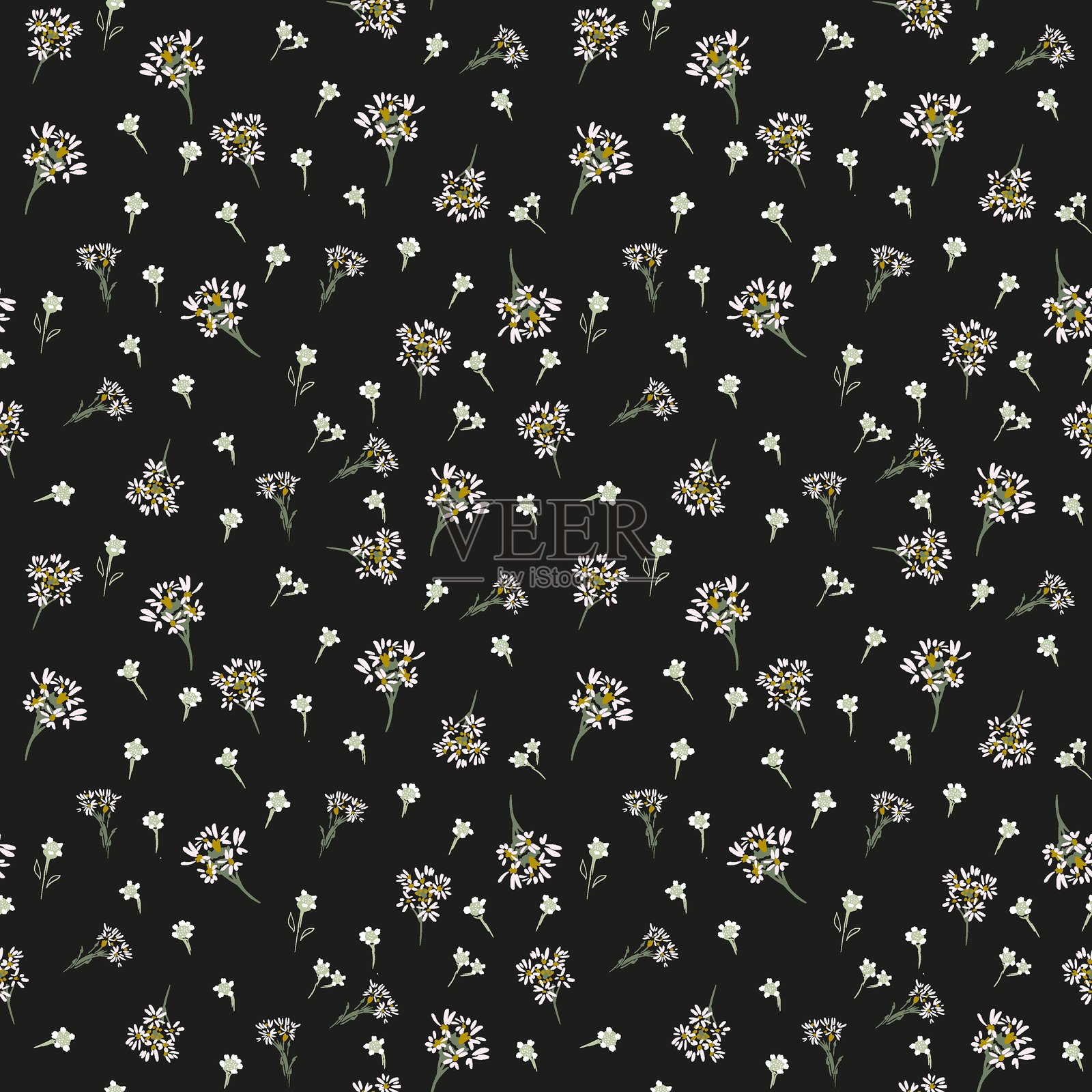 无缝矢量花卉图案，背景为深色，点缀着精致的白色雏菊和小花。适用于面料、文具、包装、壁纸和春季设计的模板。插画图片素材