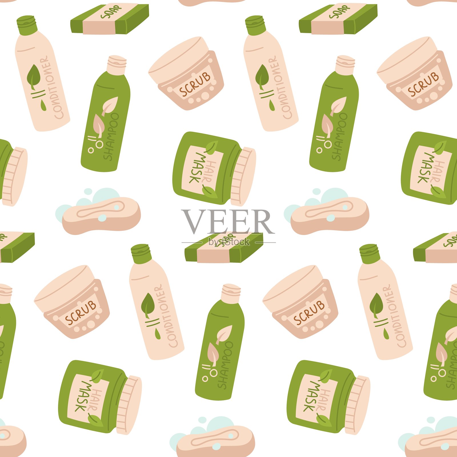 浴室配件的图案。洗发水、护发素、肥皂、磨砂膏、面膜。化妆品配件。卫生瓶。瓶中化妆品配件的质感。简单的绿色和米色化妆品装饰。插画图片素材