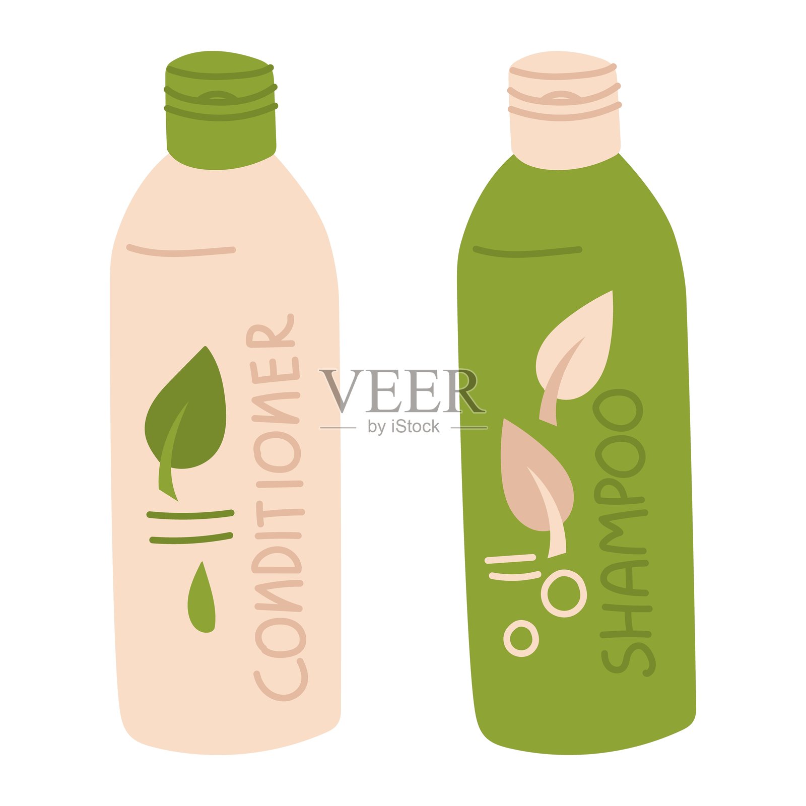 护发化妆品，突出显示在白色背景上。洗发水、护发素的平面插图。带有名称和叶子的平瓶。可供使用的蒸汽集合。绿色和米色。插画图片素材