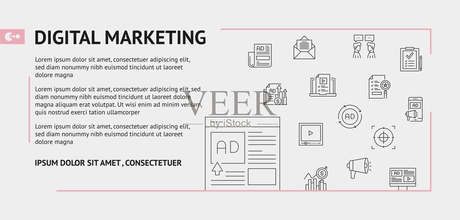 与数字营销相关的设计，线条图标。简单的轮廓符号图标。插画图片素材