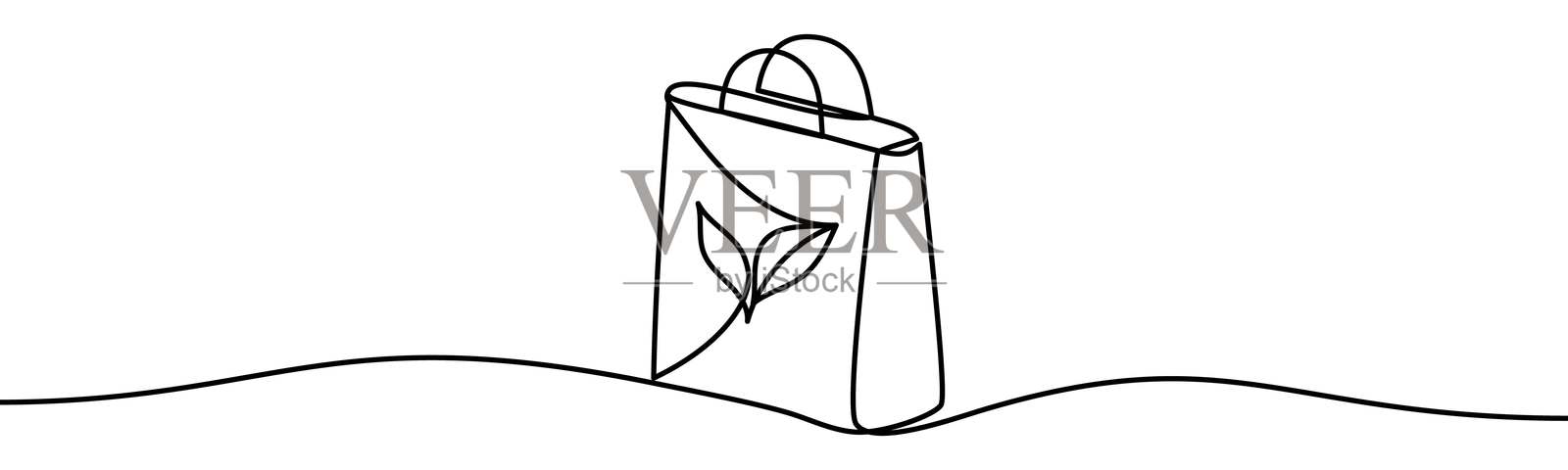 带有树叶的环保购物袋。可持续性、绿色生活方式、生态和环境保护的象征，连续线条风格的矢量插图。插画图片素材