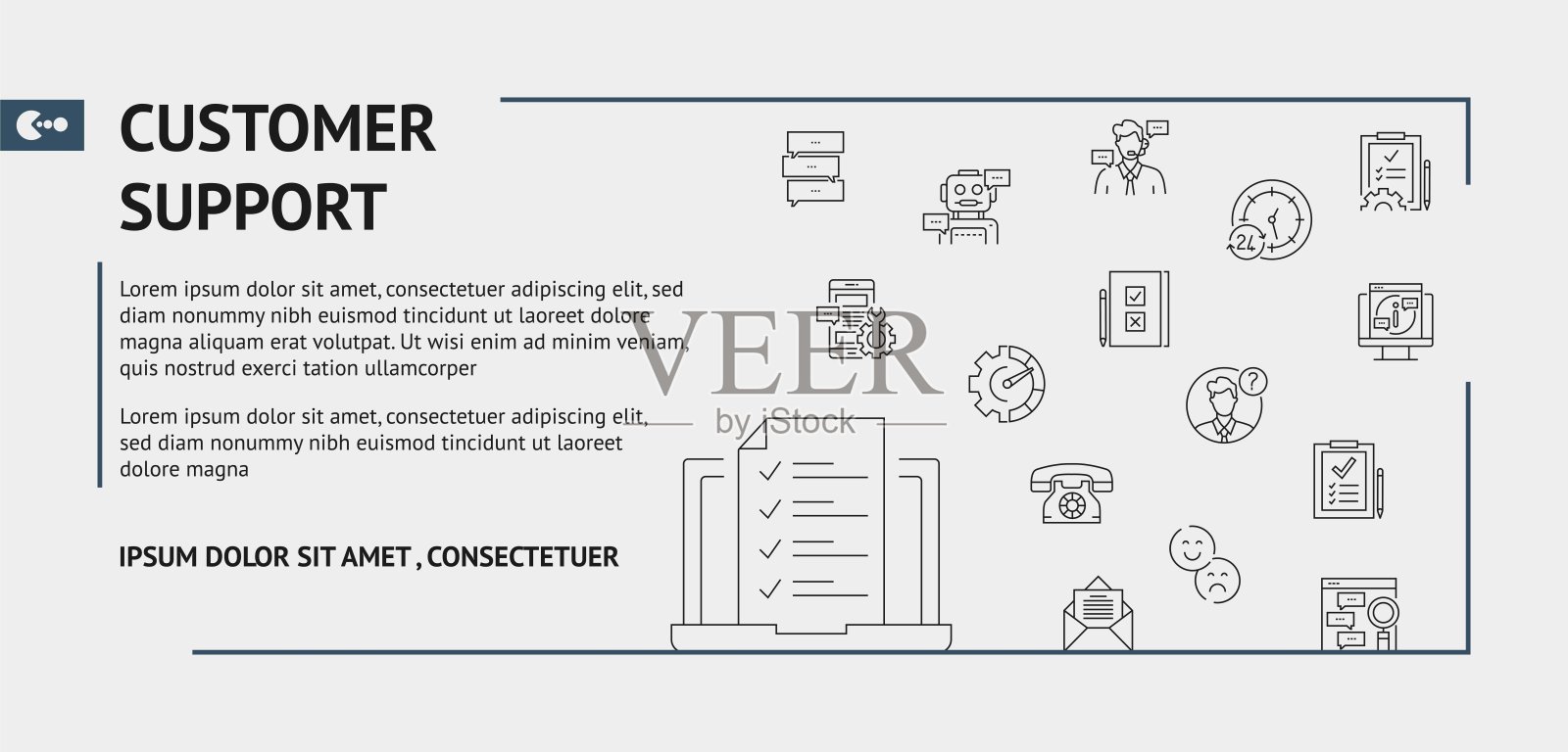 客户支持相关设计，带有线条图标。简单的轮廓符号图标。插画图片素材