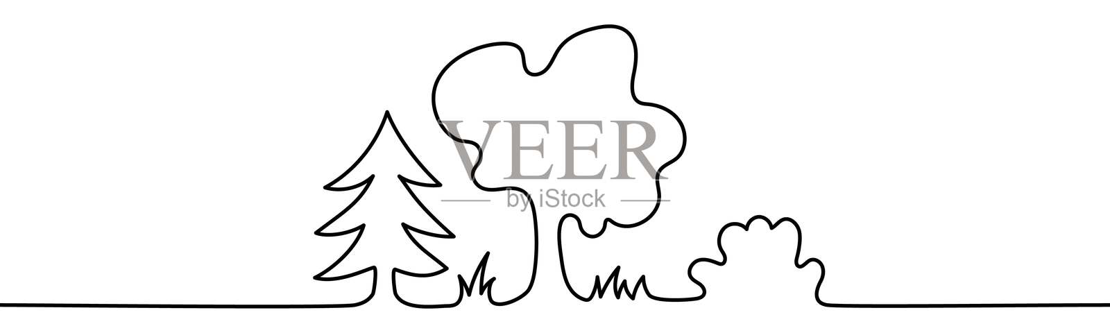 绿色区域，松树和灌木丛。自然、生态、可持续性和环境保护的象征，连续线条风格的矢量插图。插画图片素材