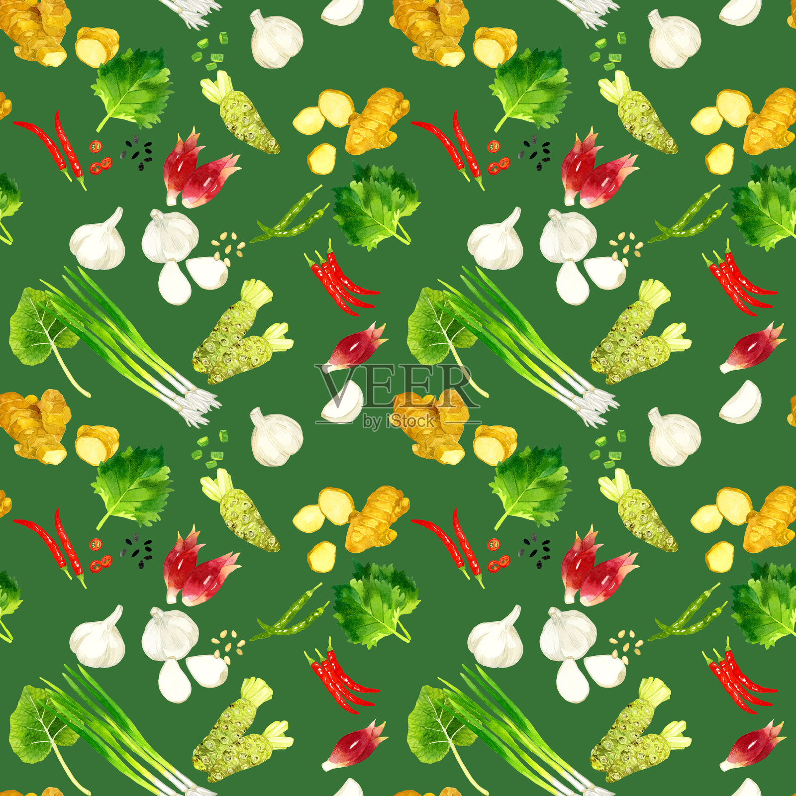 无缝的草药和蔬菜图案。手绘水彩插图背景素材。插画图片素材